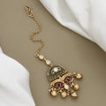 Antique Gold Floral Maang Tikka with Kundan and Green Bead Drops