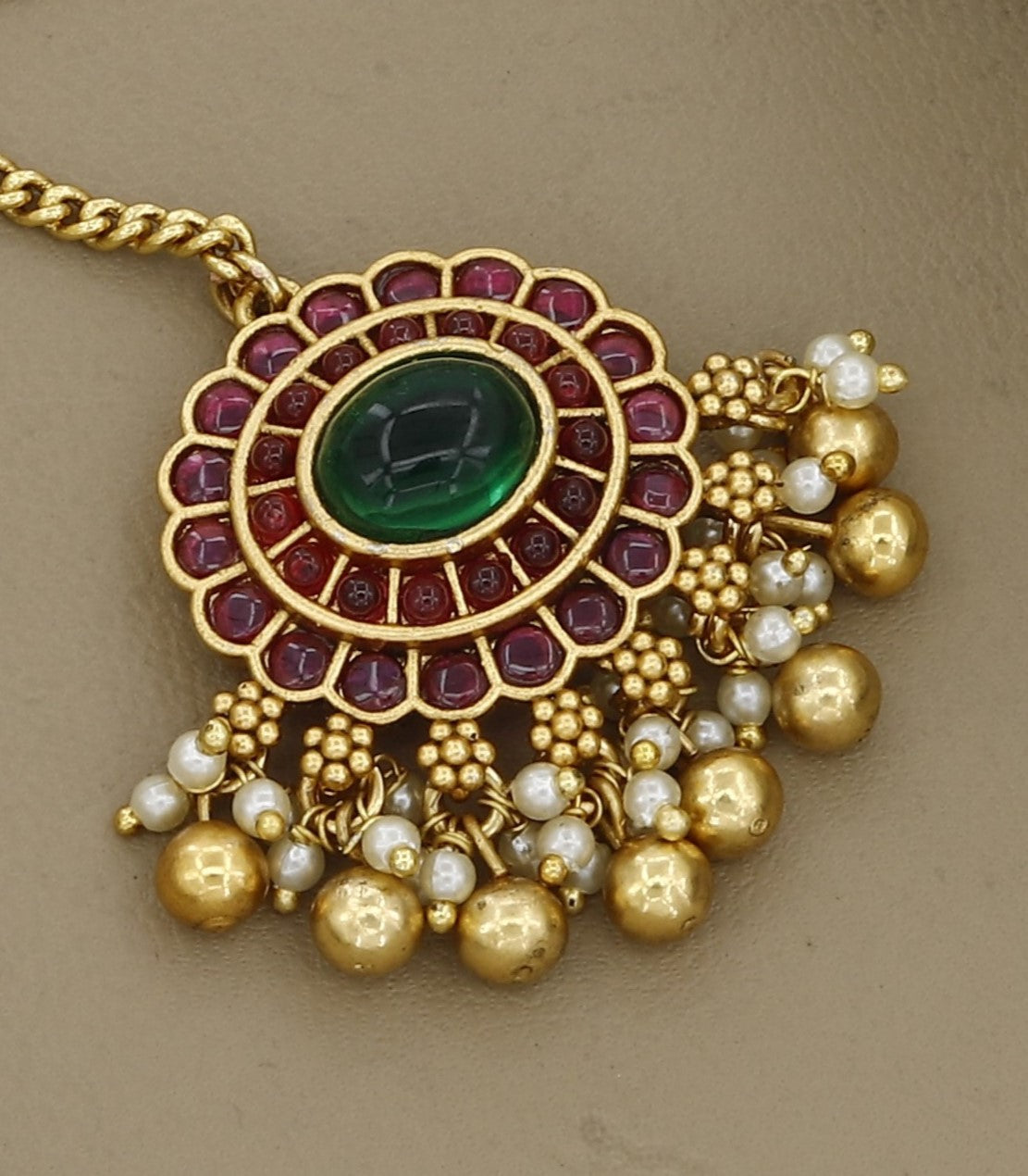 Traditional Gold-Plated Maang Tikka with Green Emerald & Ruby Stones