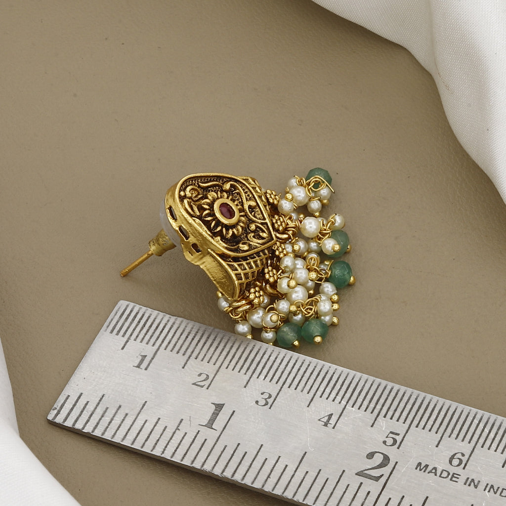 Antique Gold-Plated Traditional Earrings with Pearls & Green Beads