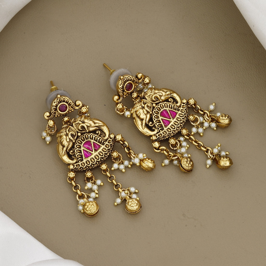 Antique Gold-Plated Multi-Layered Elephant Motif Long Necklace with Pink Stones