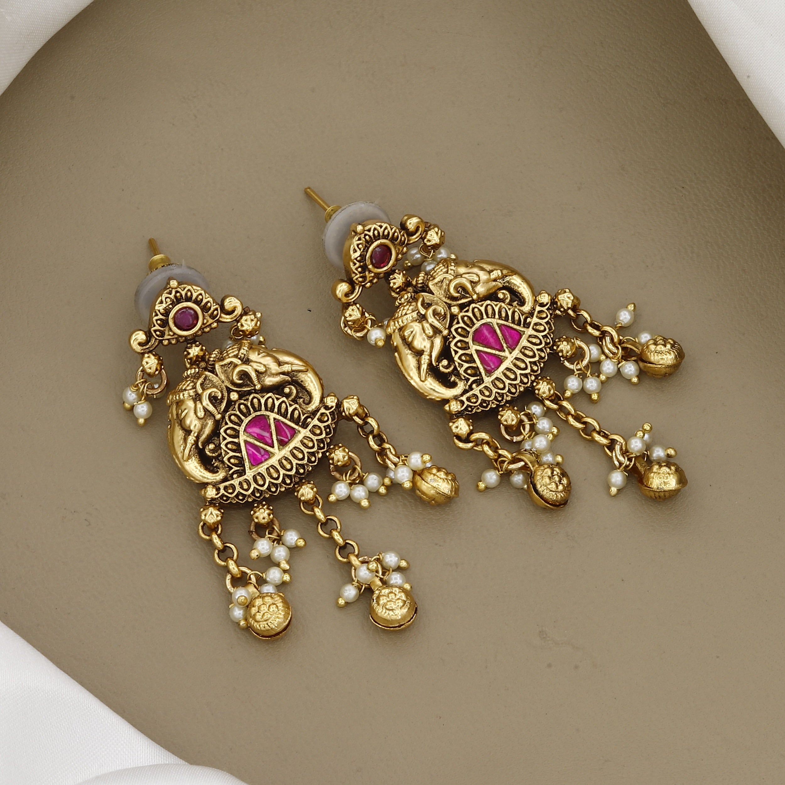 Antique Gold-Plated Multi-Layered Elephant Motif Long Necklace with Pink Stones