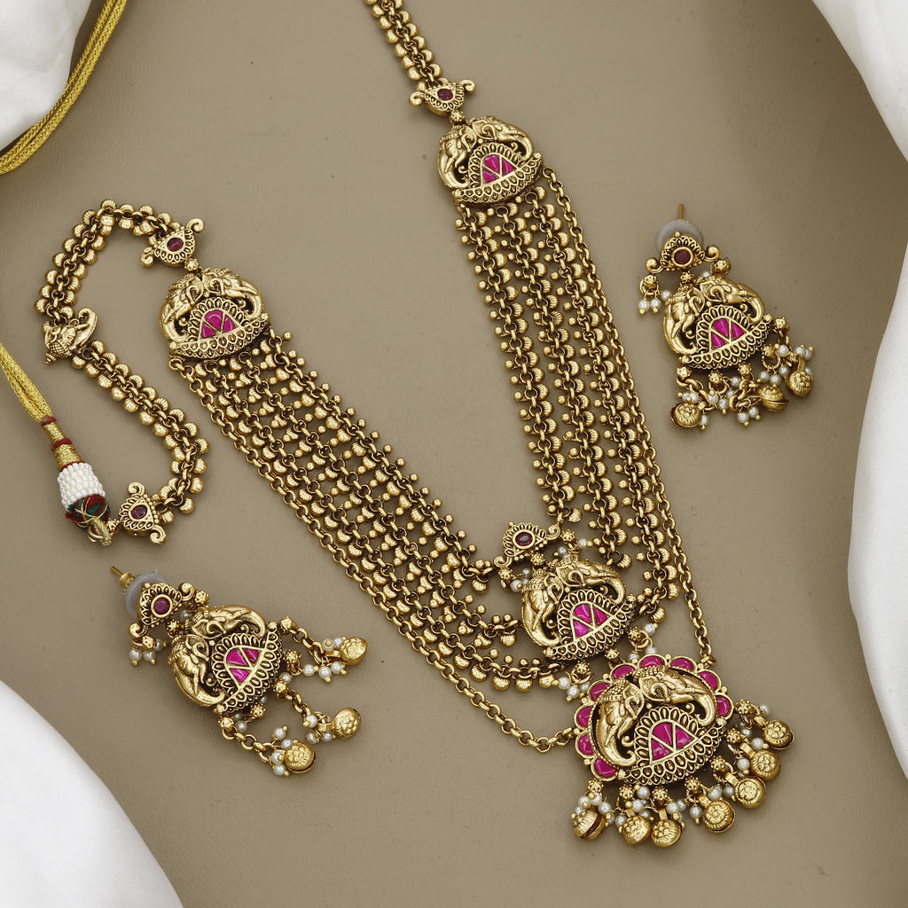 Antique Gold-Plated Multi-Layered Elephant Motif Long Necklace with Pink Stones