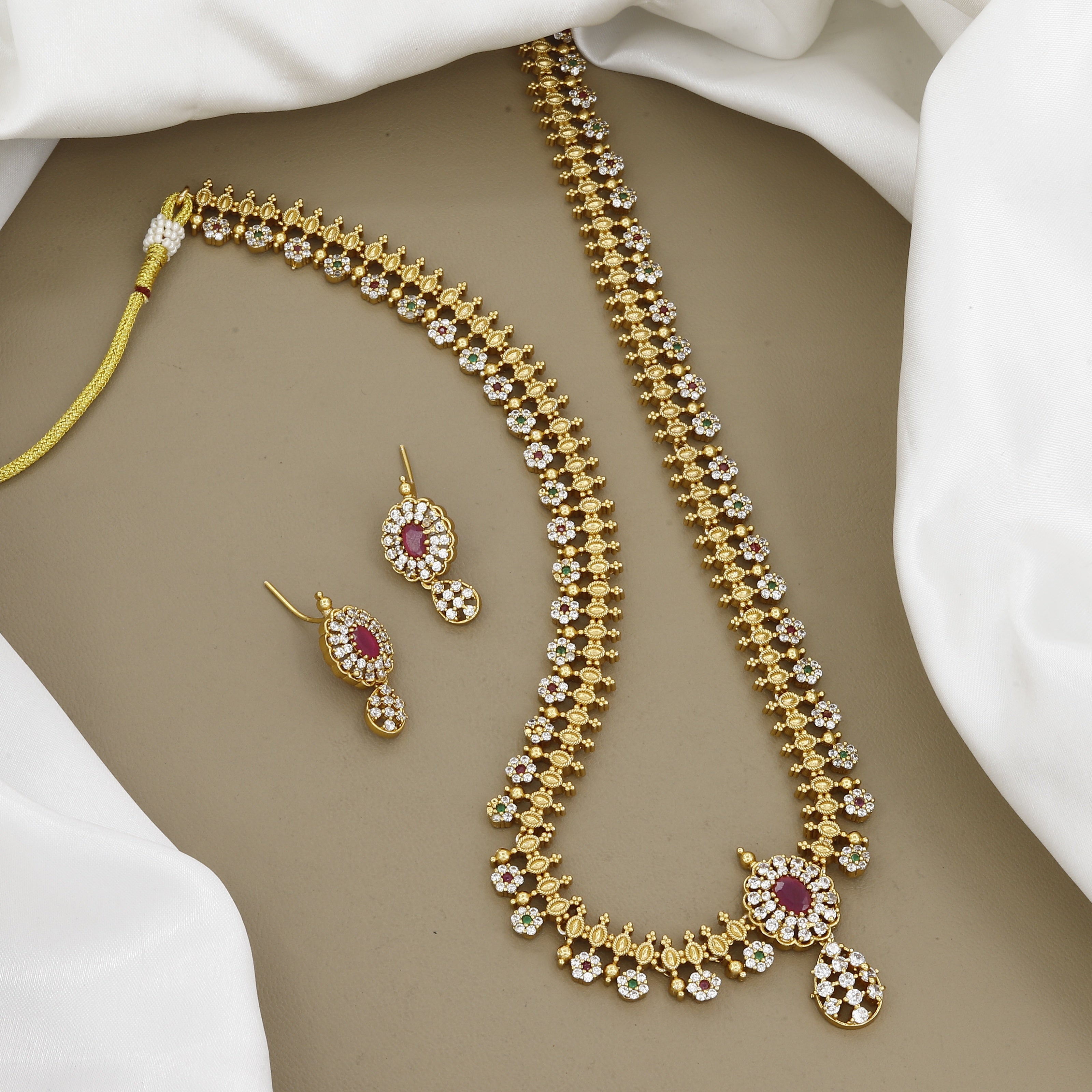 Delicate Antique Gold Stone-Studded Floral Long Necklace with Ruby Accents