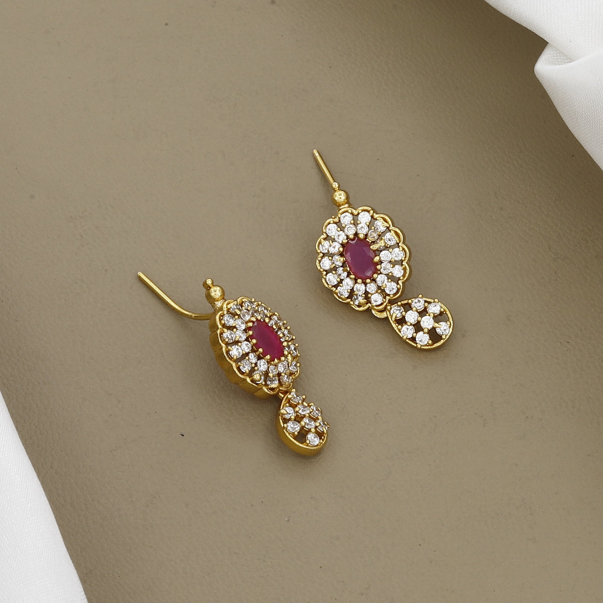 Delicate Antique Gold Stone-Studded Floral Long Necklace with Ruby Accents