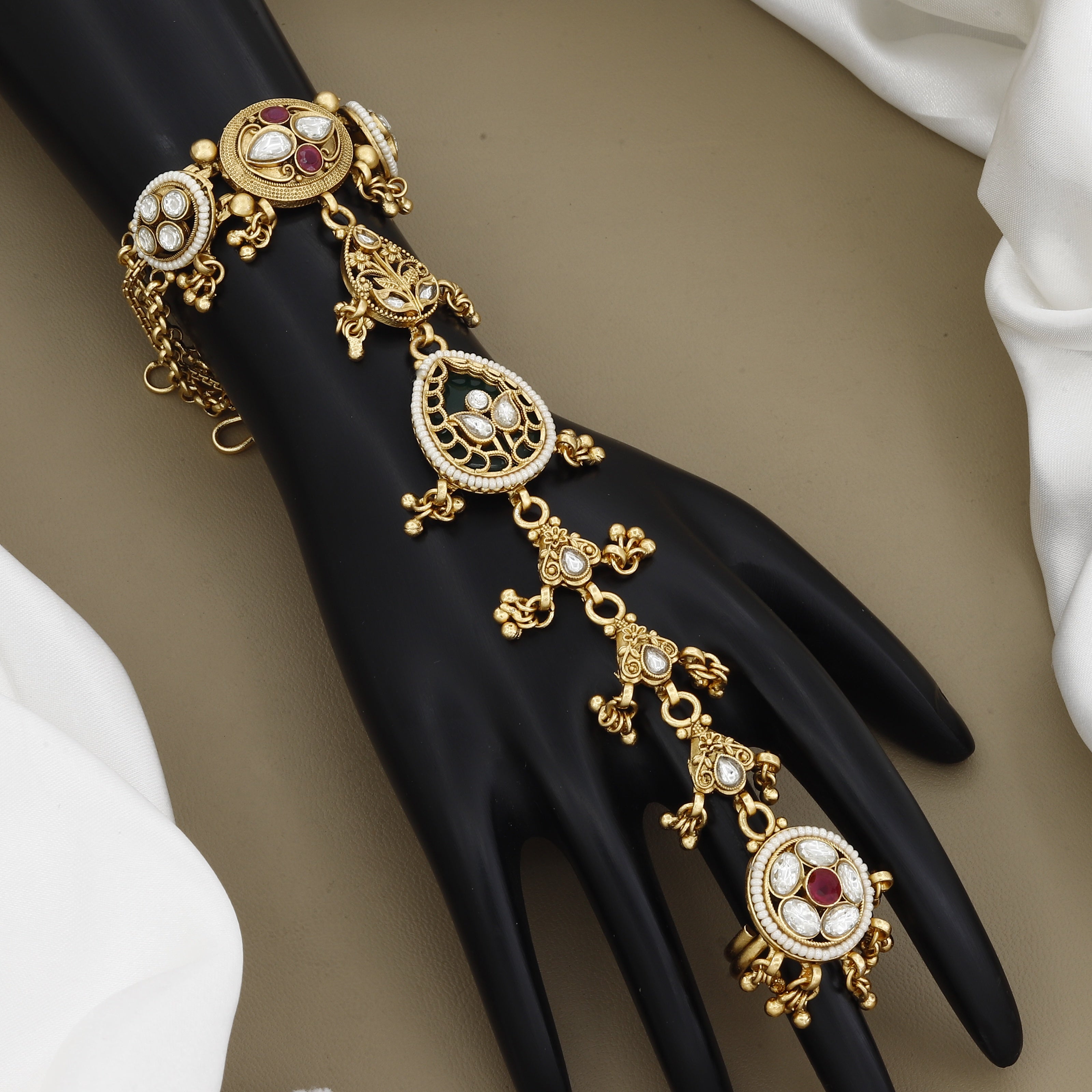 Antique Gold Finish Pearl & Polki Work Hath Panja