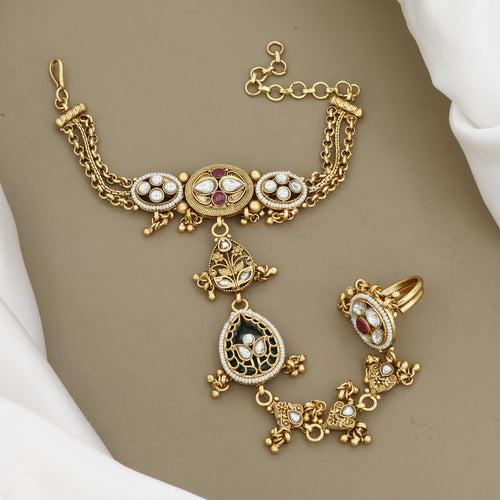Antique Gold Finish Pearl & Polki Work Hath Panja