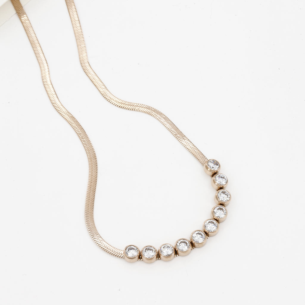 Curved Crystal Bar Modern Rose Gold Flat Chain Necklace