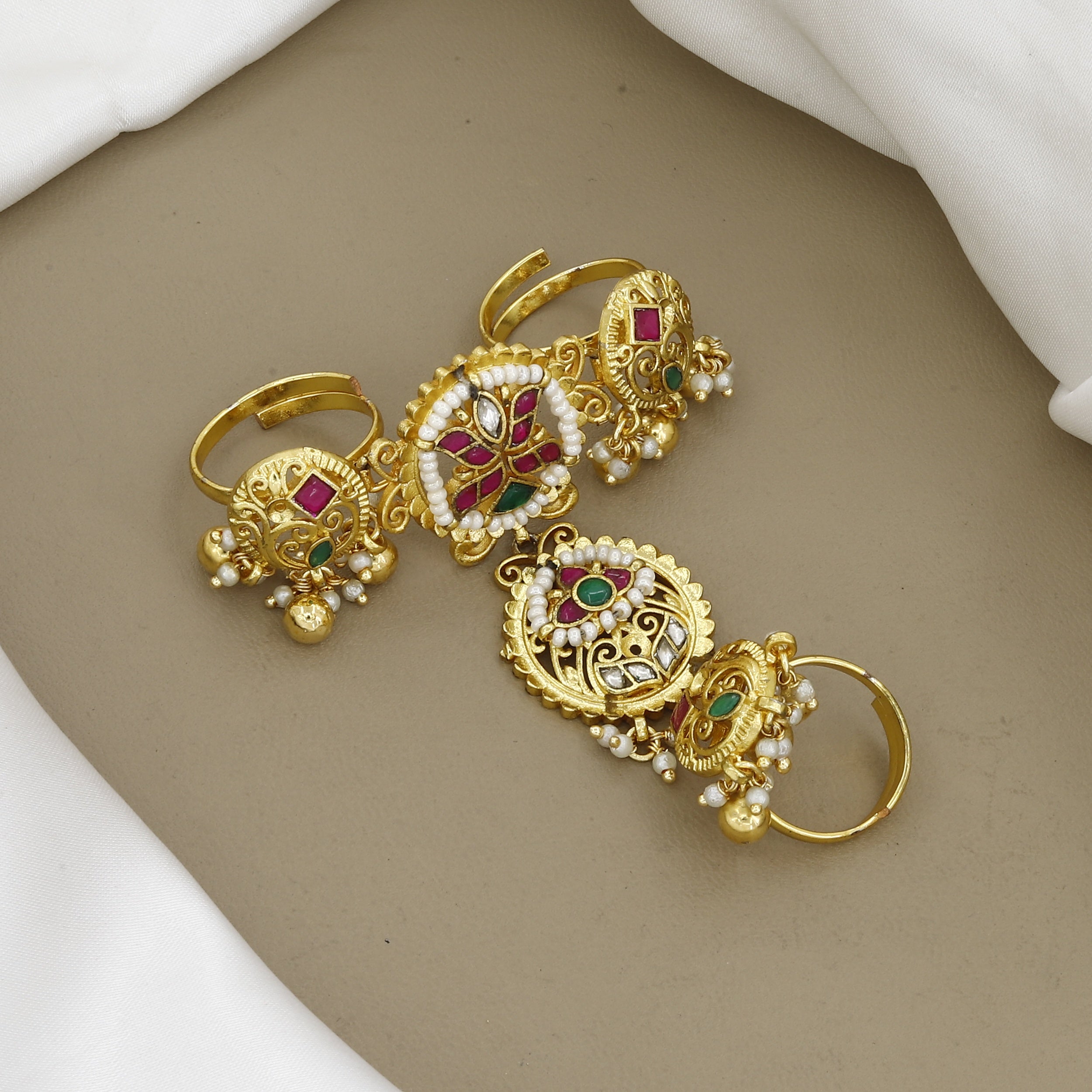 Antique Gold T-Shaped Multi-Finger Ring with Ruby & Emerald Stones