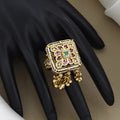 Traditional Gold-Plated Square Ring with Ruby, Emerald & Pearl Accents