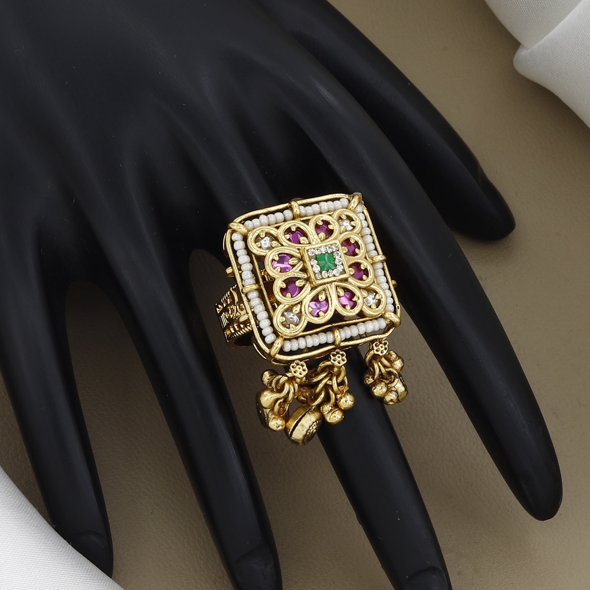 Traditional Gold-Plated Square Ring with Ruby, Emerald & Pearl Accents