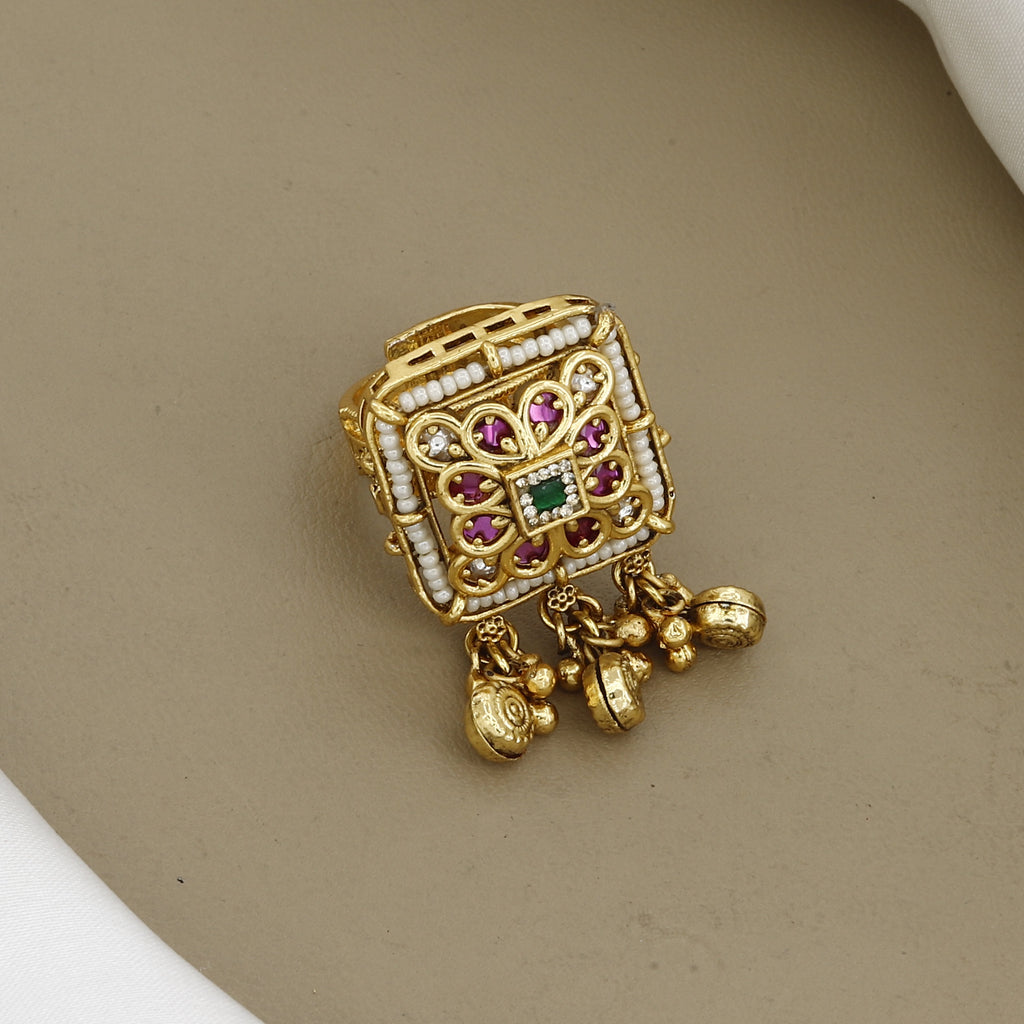 Traditional Gold-Plated Square Ring with Ruby, Emerald & Pearl Accents