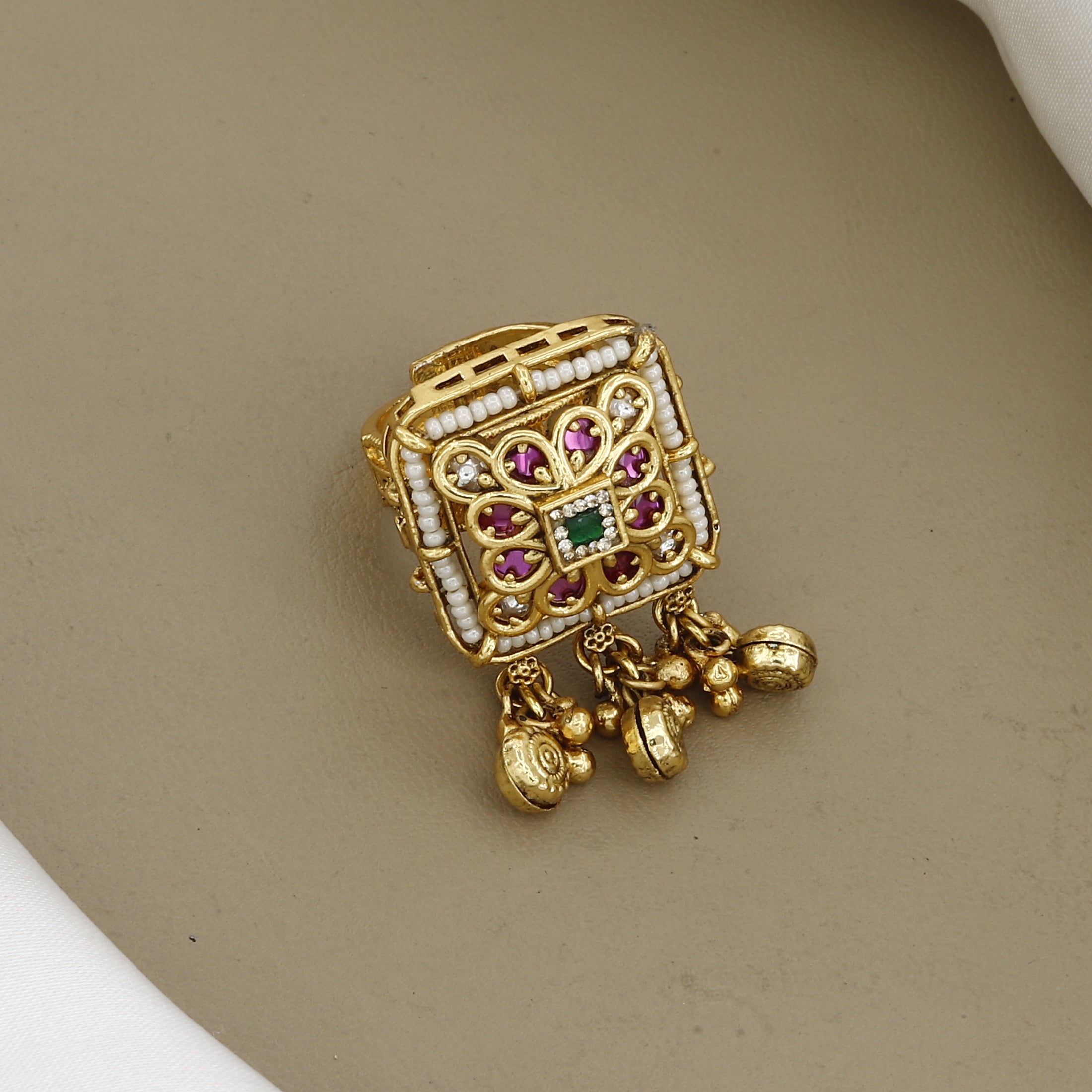 Traditional Gold-Plated Square Ring with Ruby, Emerald & Pearl Accents