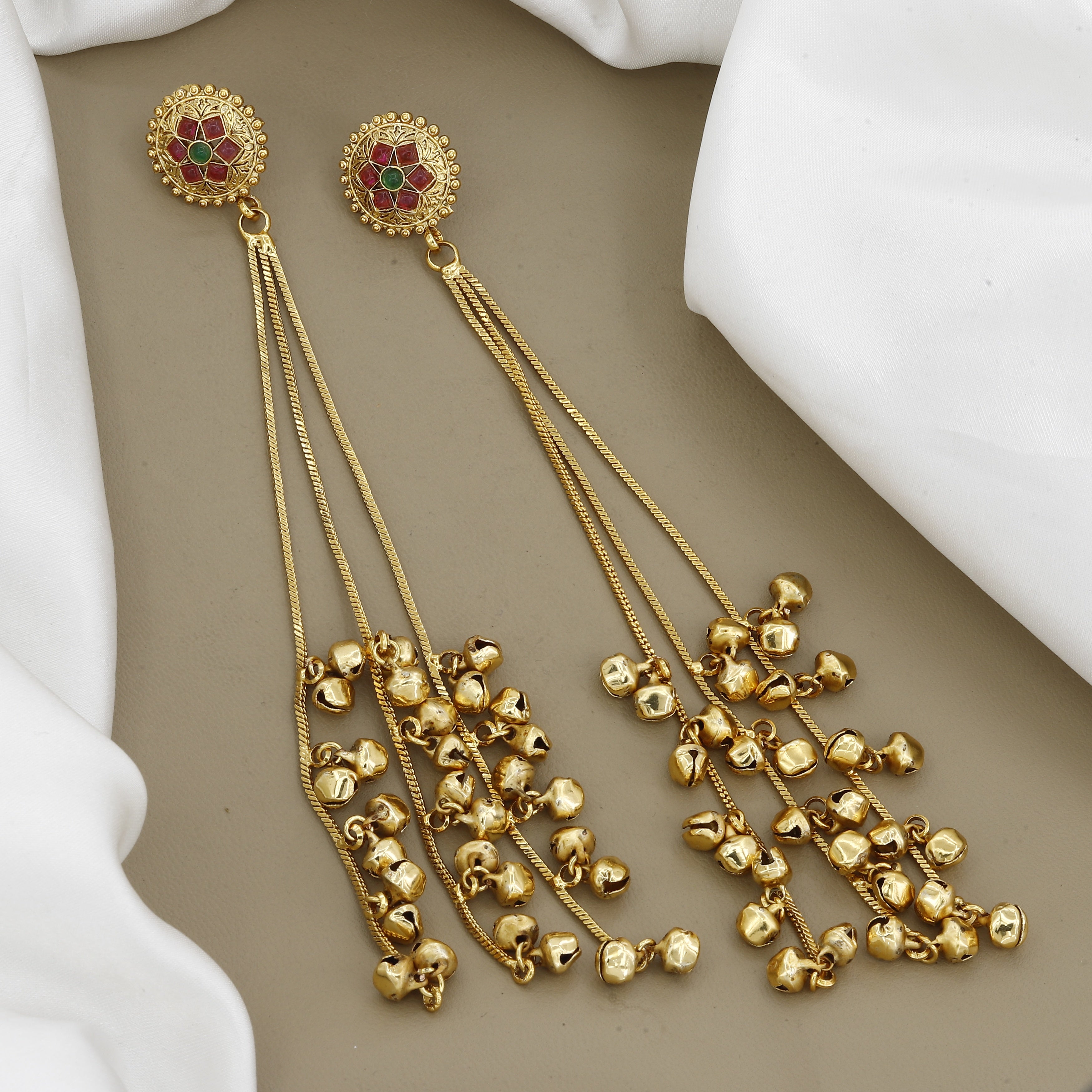 Antique Gold-Finish Long Dangle Earrings with Stone-Studded Floral Tops