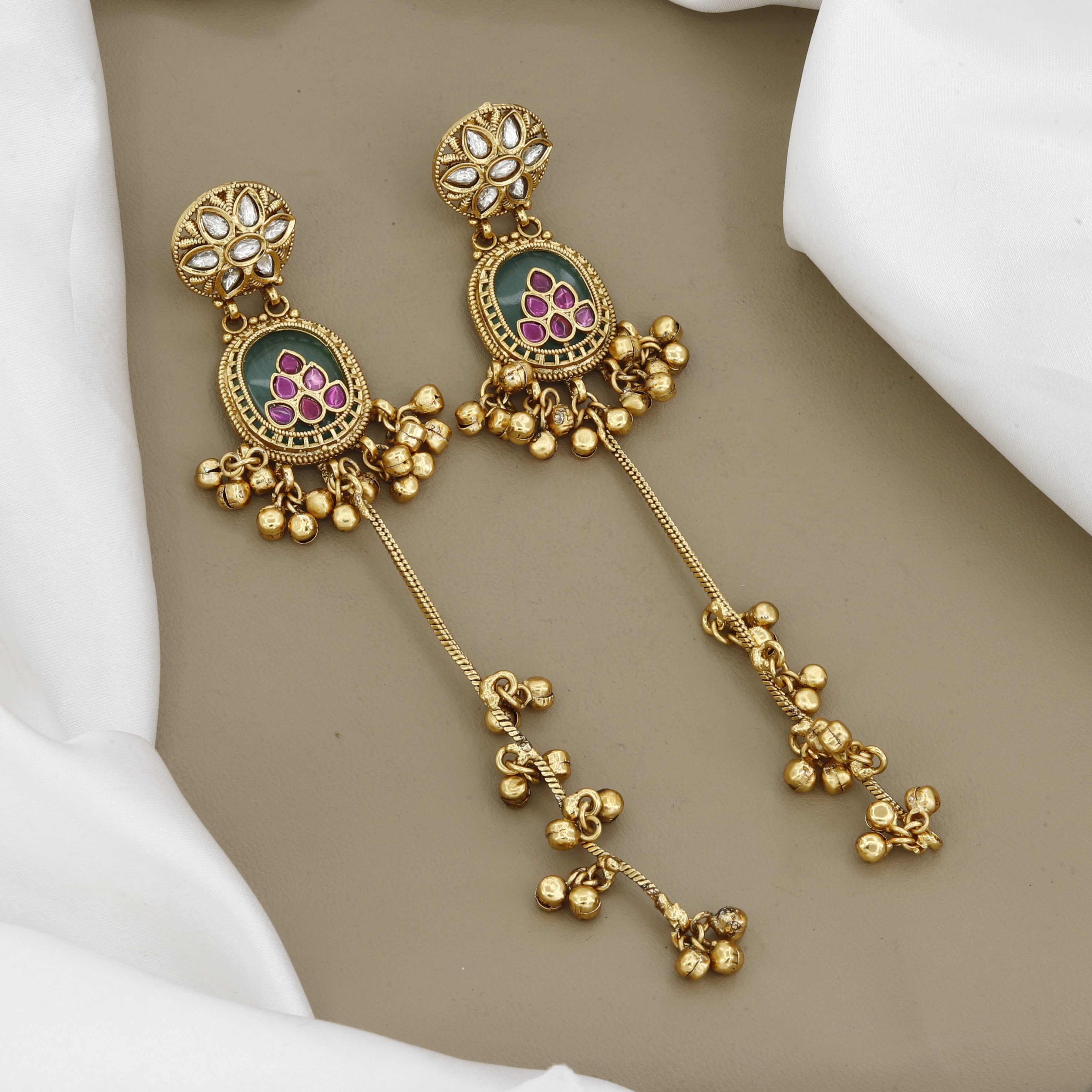 Antique Gold-Plated Kundan Earrings with Green Enamel and Long Ghungroo Drops