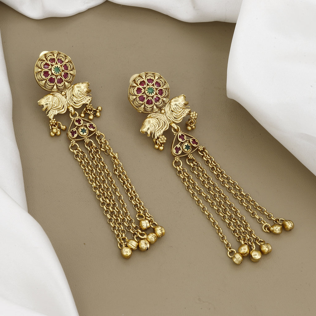 Regal Lion Motif Chain Antique Earrings