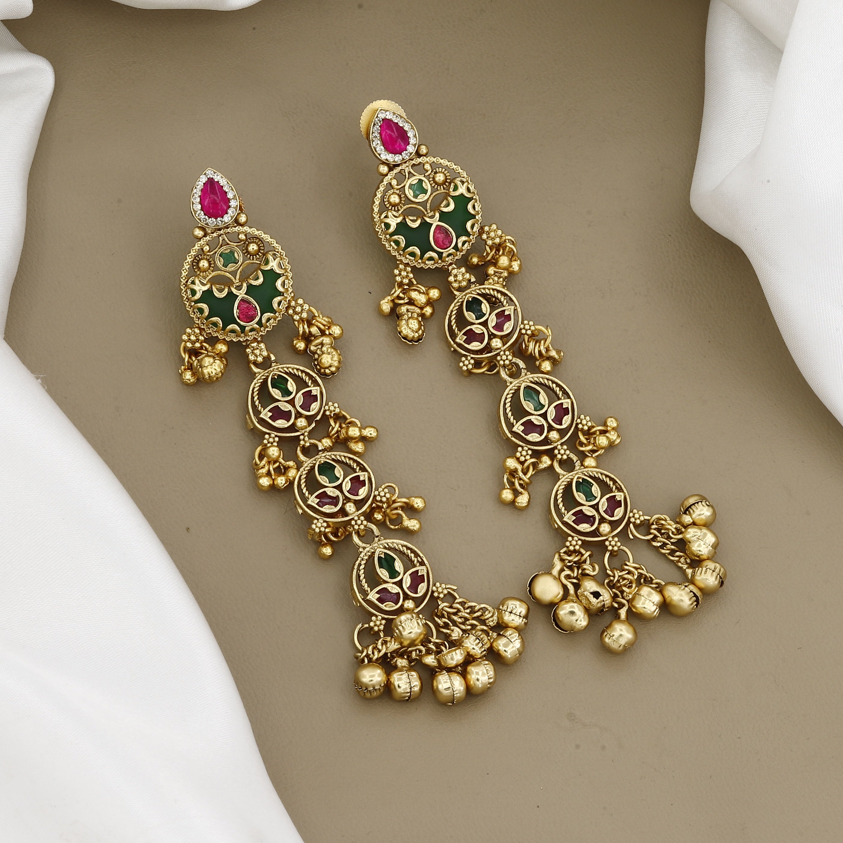 Elegant Multilayered Antique Gold Earrings with Ruby and Emerald Accents