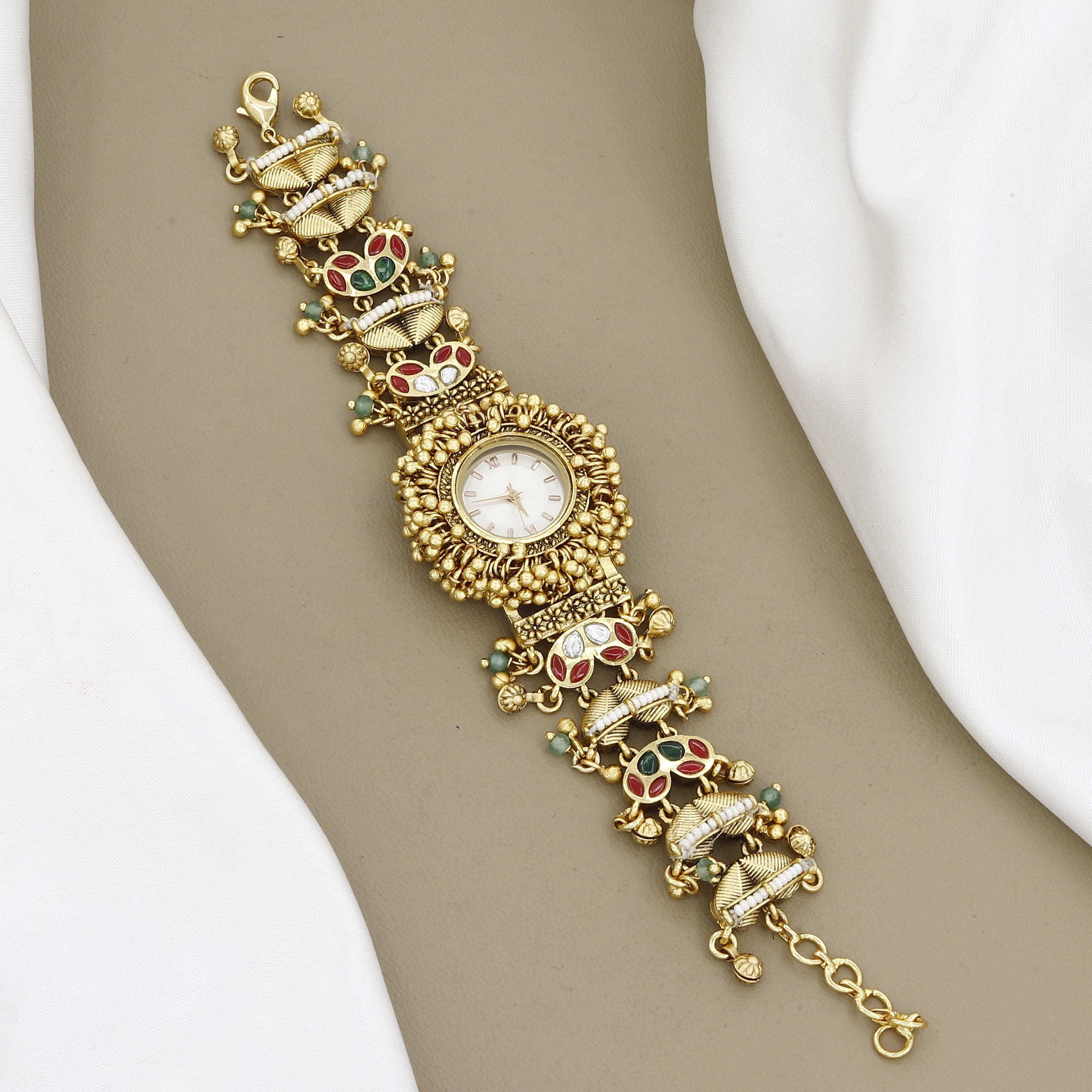 Ethnic Gold Pearl & Stone Timepiece Traditional Indian Jewelry Watch