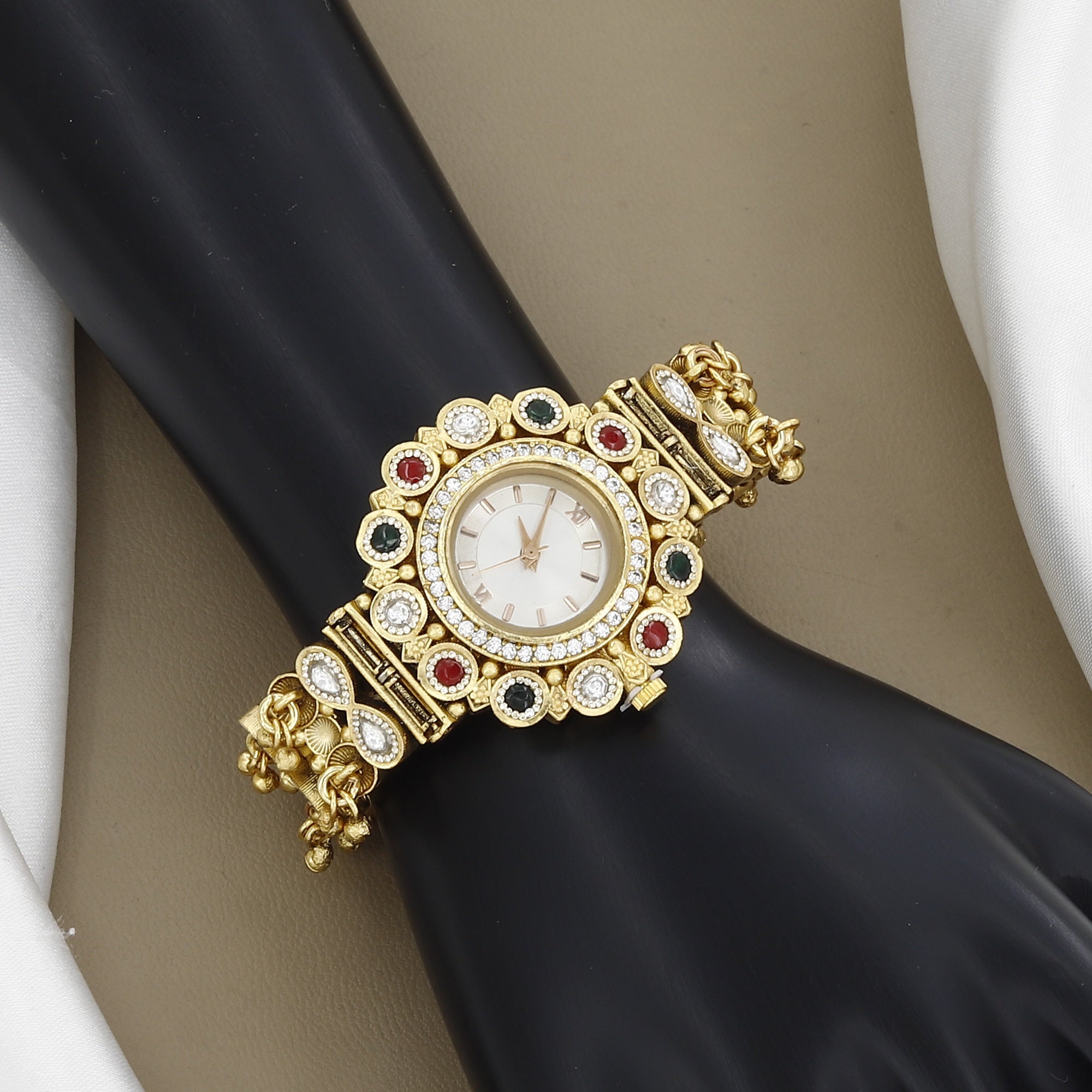 Traditional Pearl & Stone Timepiece Ethnic Antique Gold Watch