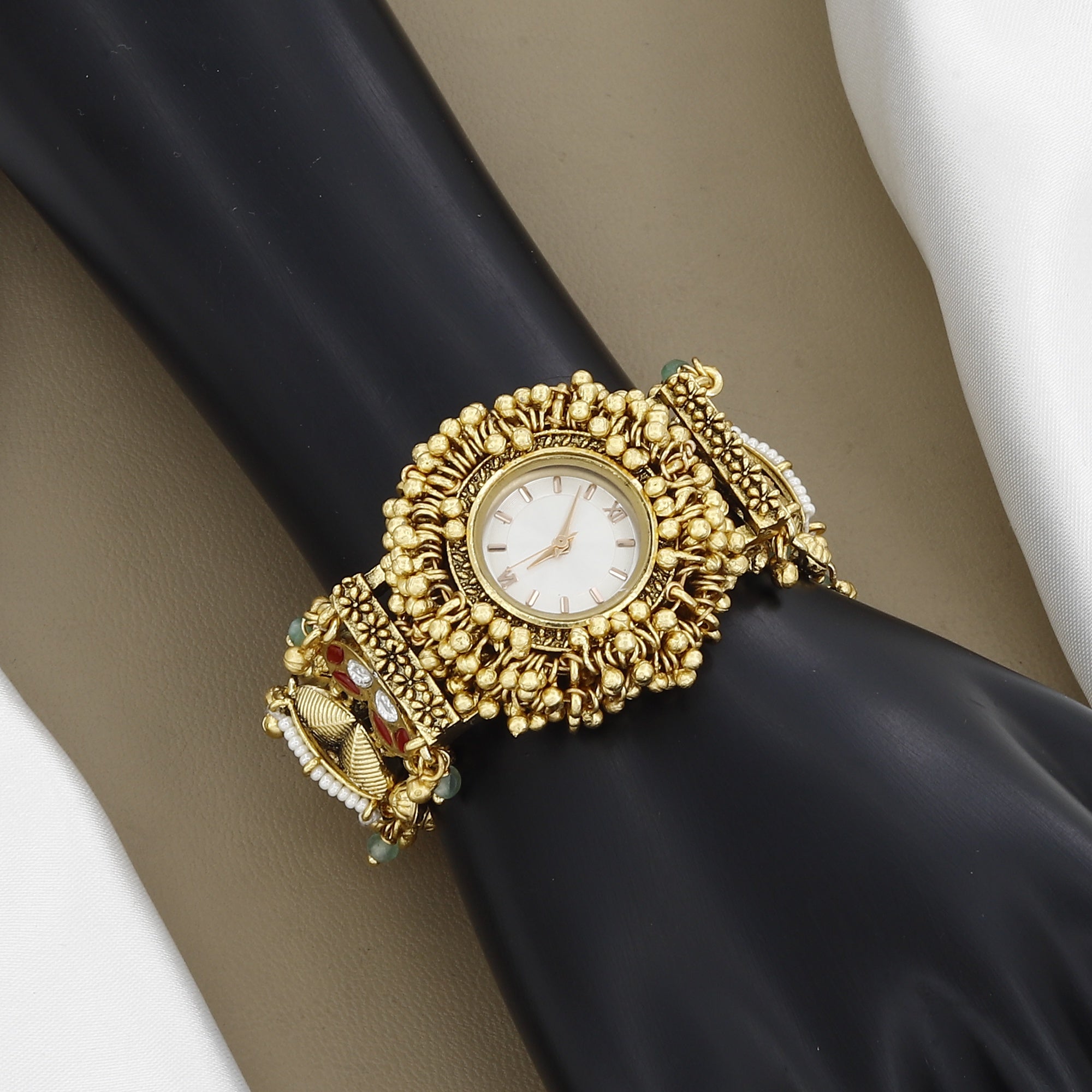 Ethnic Gold Pearl & Stone Timepiece Traditional Indian Jewelry Watch