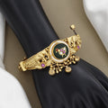 Antique Gold Elephant Bangle with Green Bird Motif & Pearls