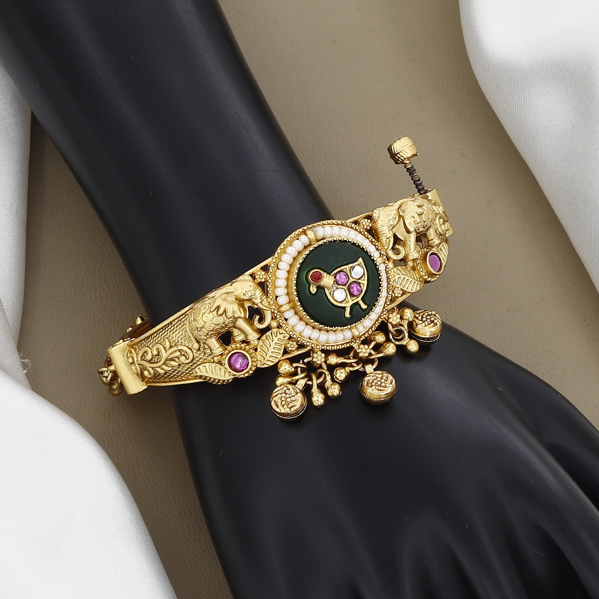 Antique Gold Elephant Bangle with Green Bird Motif & Pearls