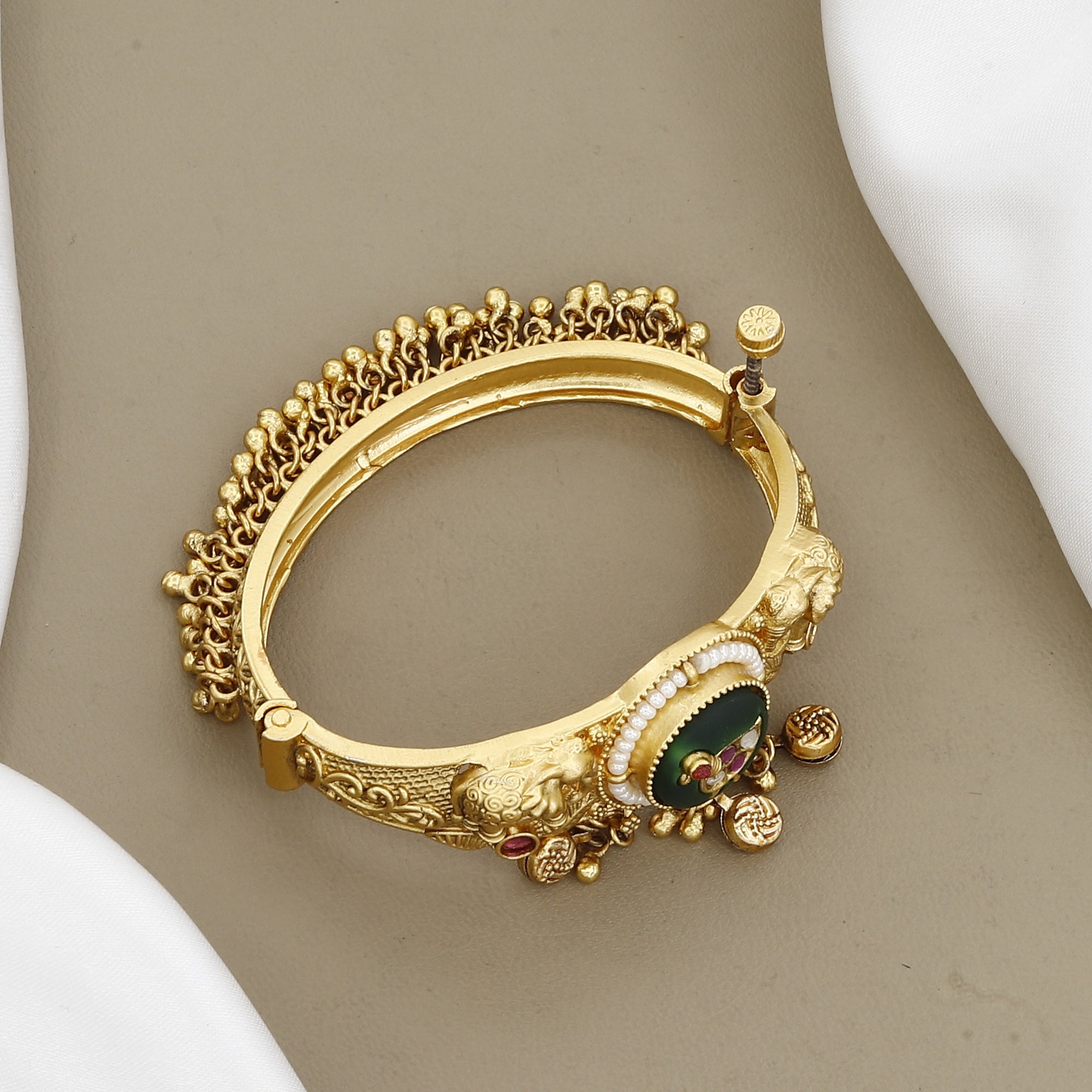 Antique Gold Elephant Bangle with Green Bird Motif & Pearls