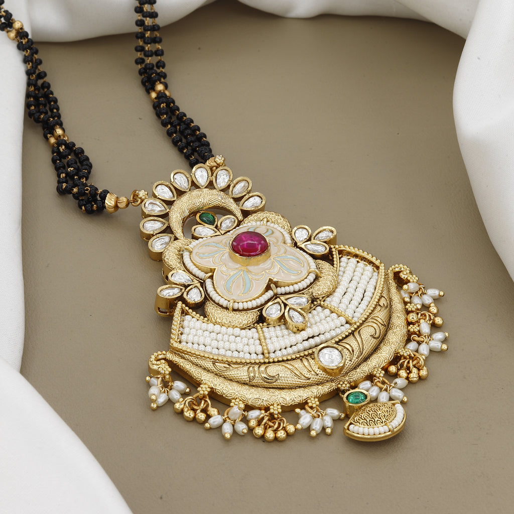 Gold-Plated Meenakari Mangalsutra Set with White Beadwork