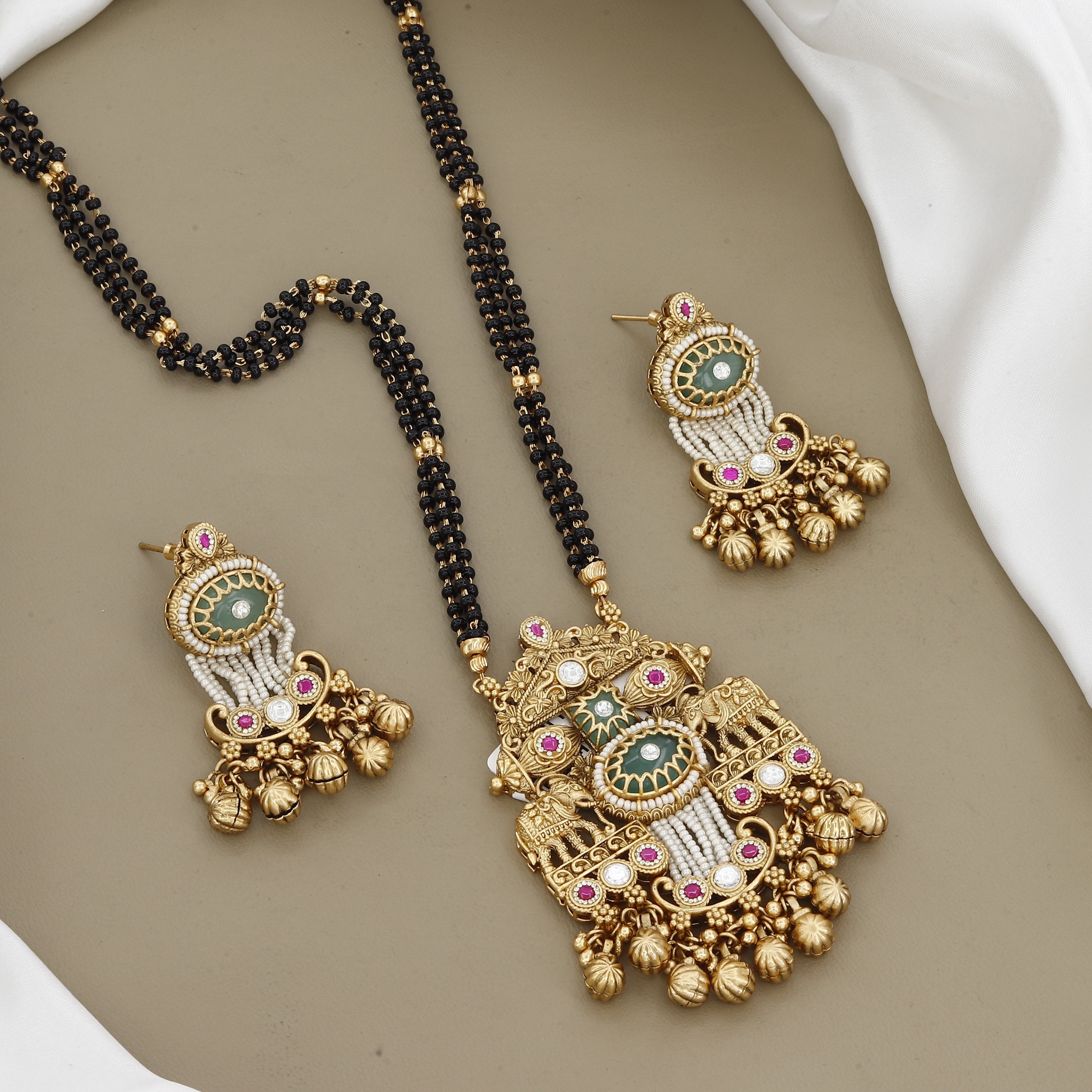 Traditional Temple Jewelry Mangalsutra Set with Emeralds and Rubies