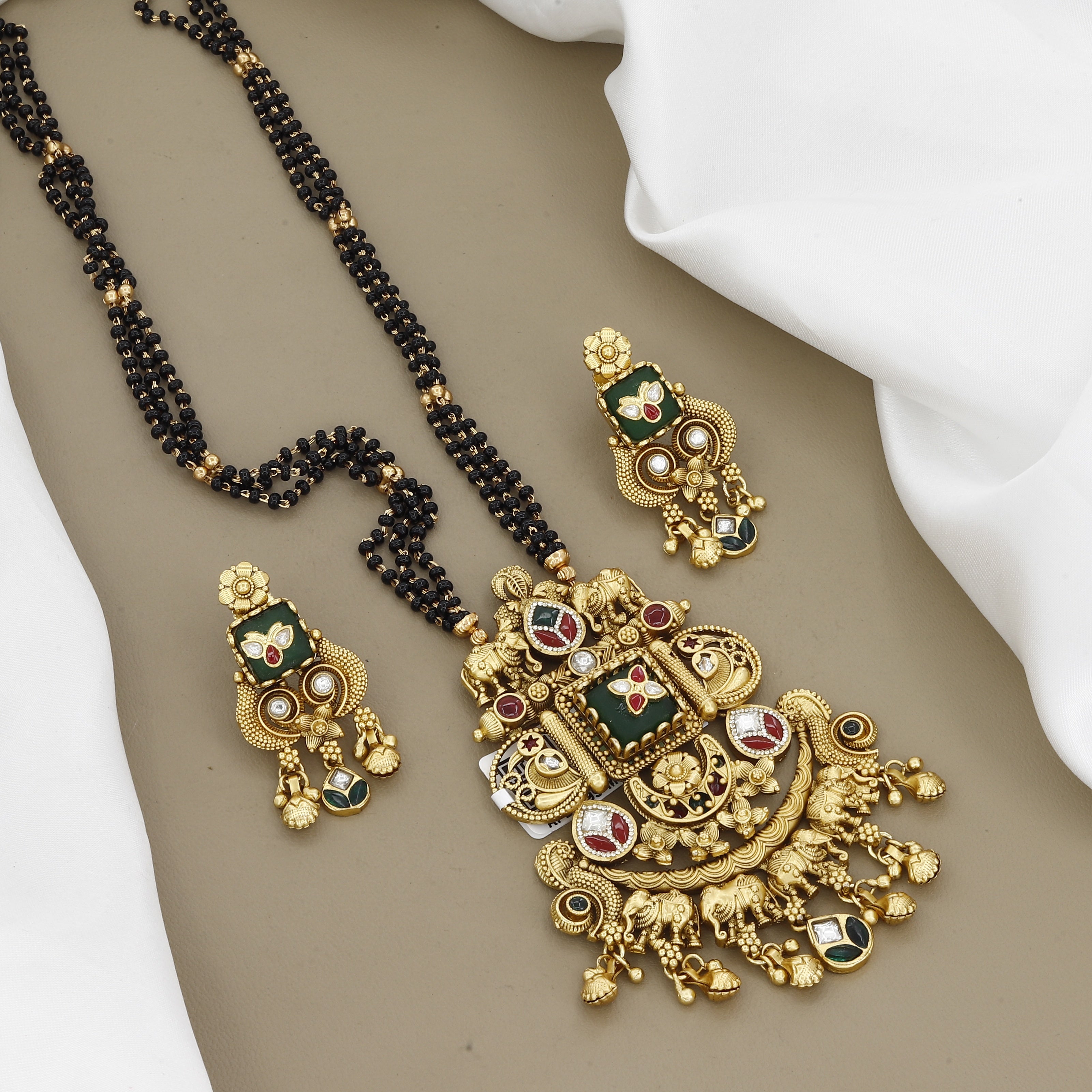Ornate Antique-Finish Temple Jewelry Mangalsutra Set with Elephant Motifs