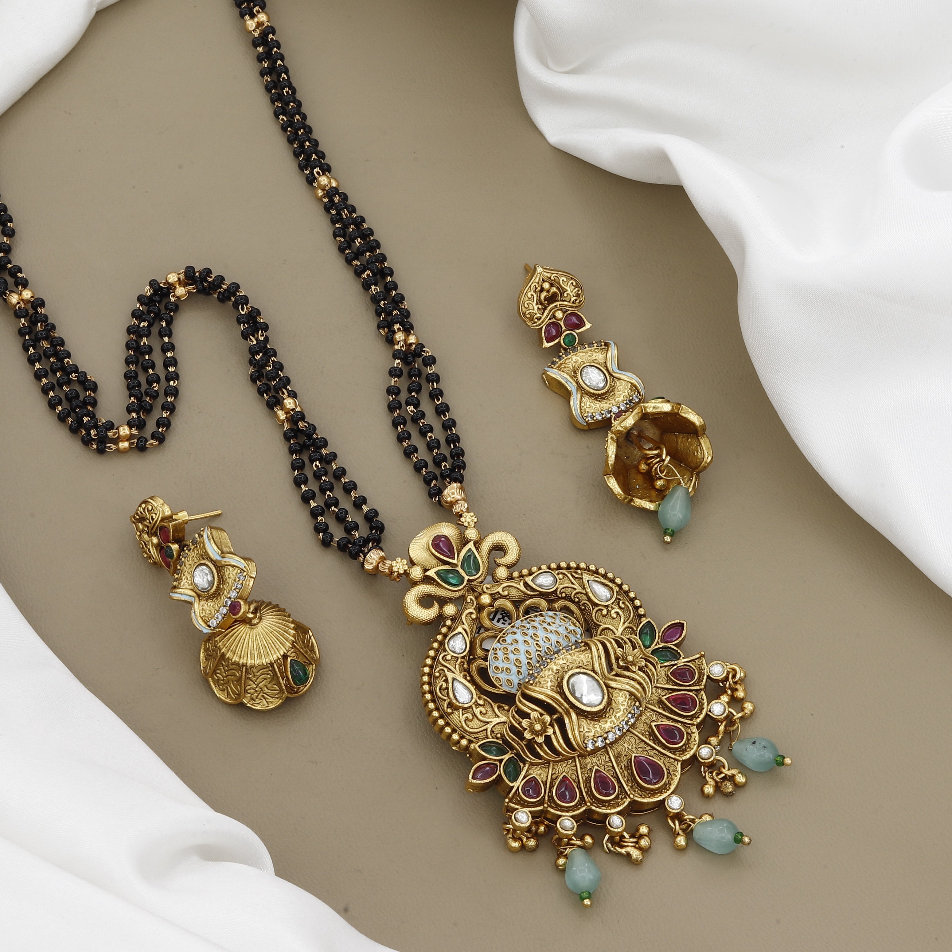 Antique Gold-Plated Mangalsutra Set with Stones and Jhumkas