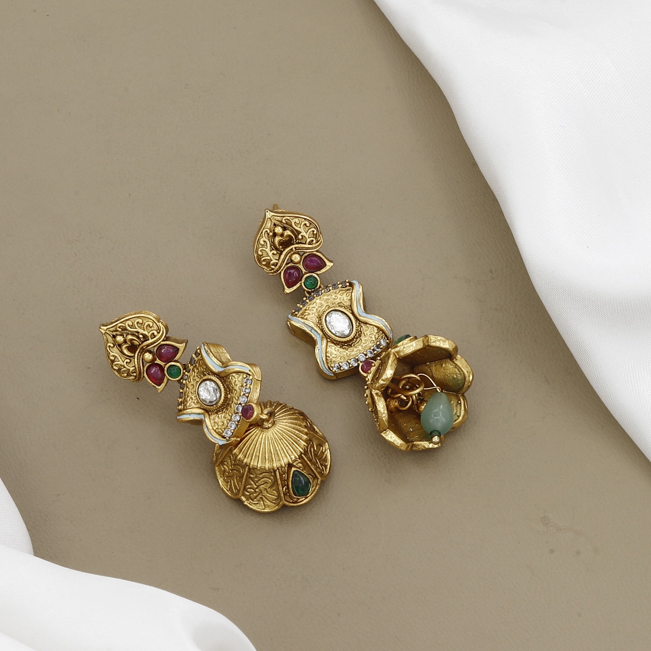 Antique Gold-Plated Mangalsutra Set with Stones and Jhumkas