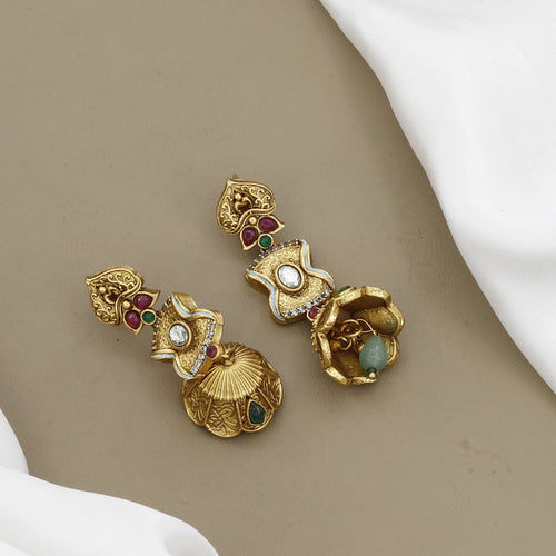 Antique Gold-Plated Mangalsutra Set with Stones and Jhumkas