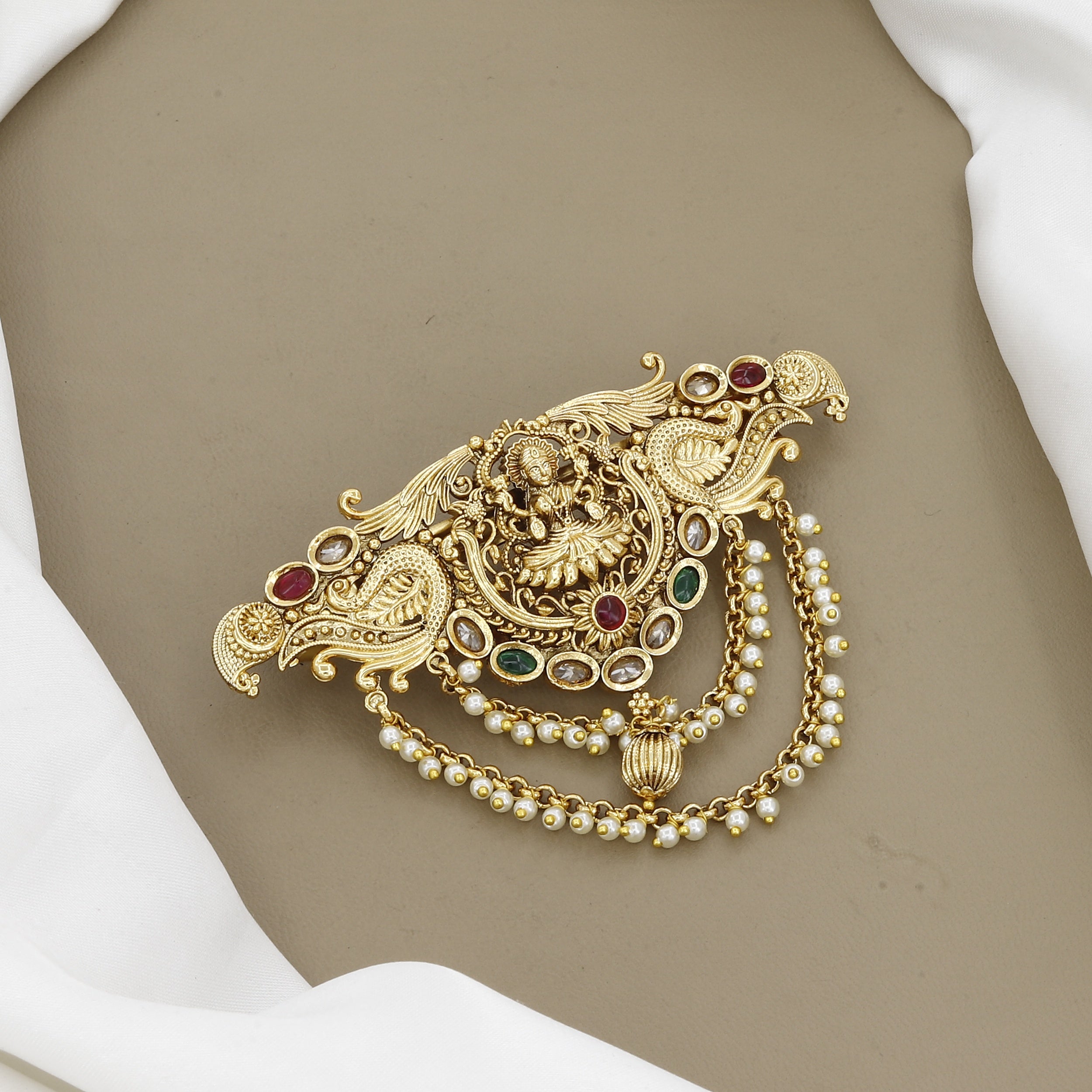 Antique Gold Temple Jewelry Hair Ornaments with Ruby and Emerald Accents