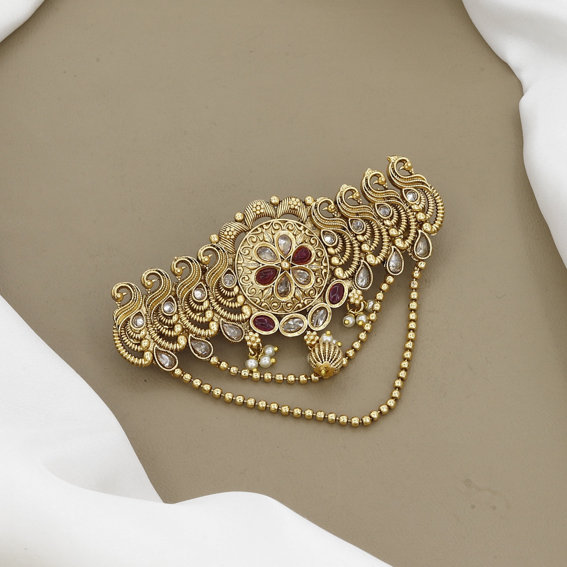 Antique Gold Temple Jewelry Hair Pin with Red Stones & Pearls