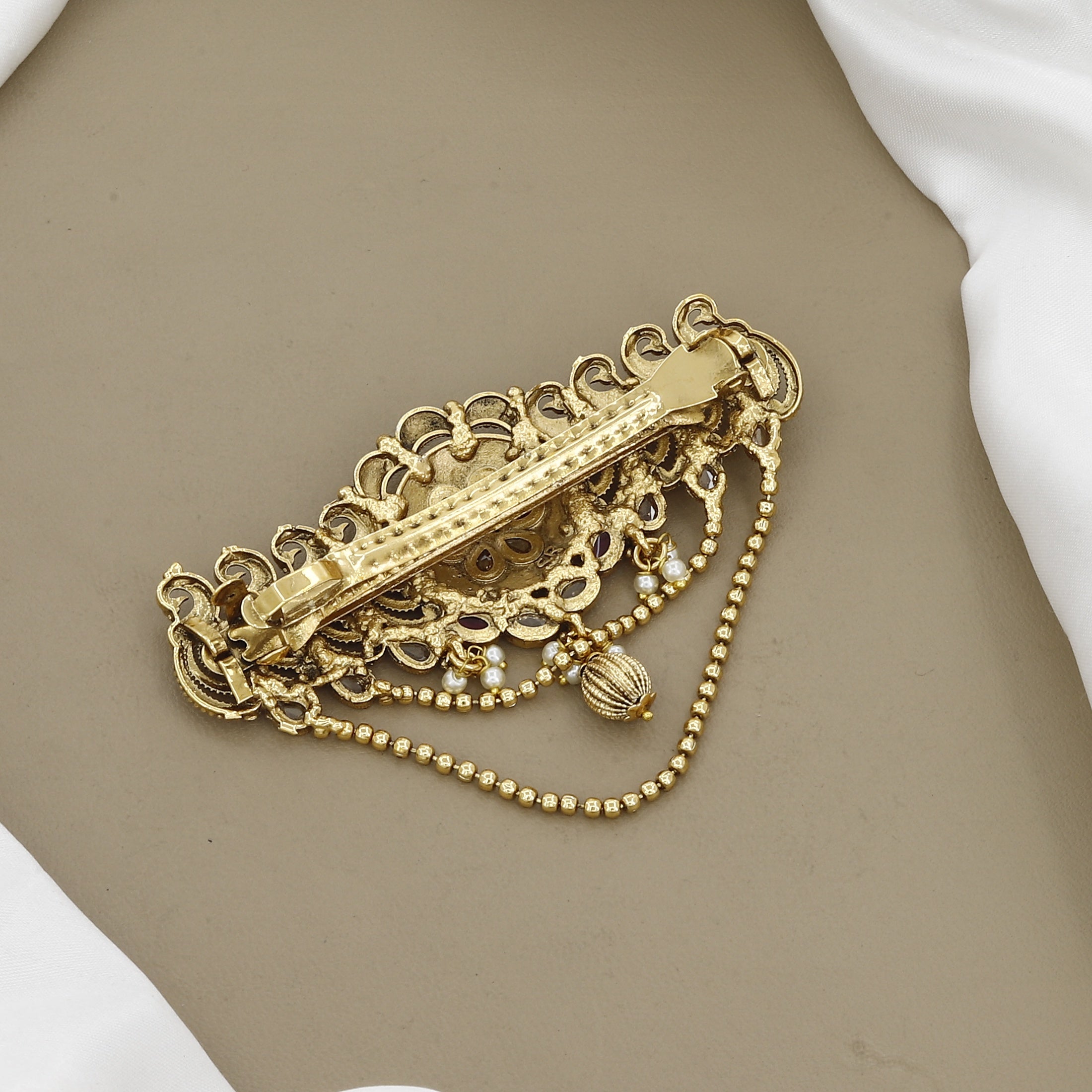 Antique Gold Temple Jewelry Hair Pin with Red Stones & Pearls