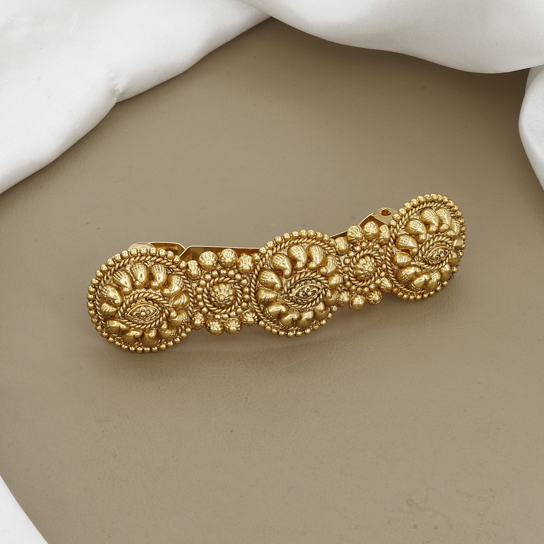 Elegant Textured Bun Clip Traditional Antique Gold Floral Hair Barrette