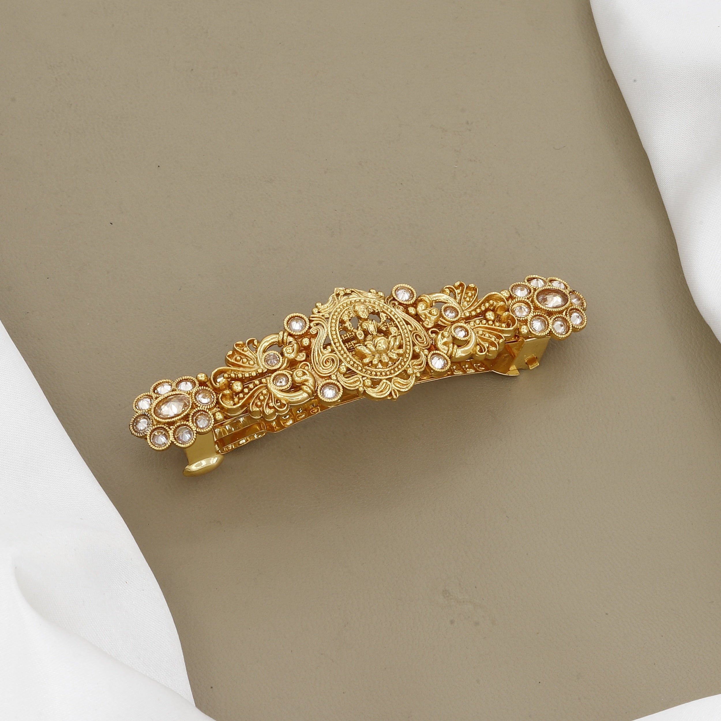 Goddess Lakshmi Temple Jewelry Hair Barrette with White Stones
