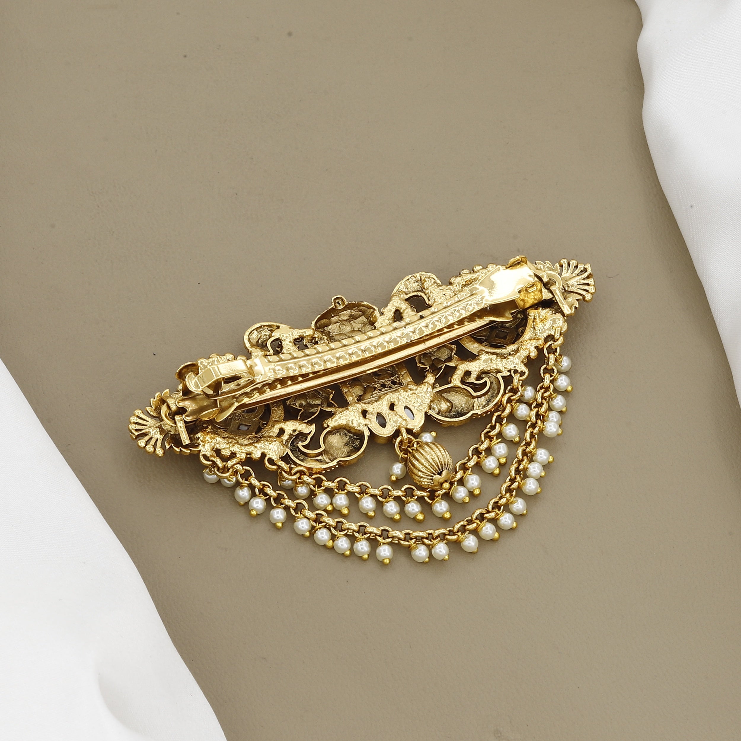 Antique Gold Palki & Peacock Hair Pin with Layered Pearl Chains