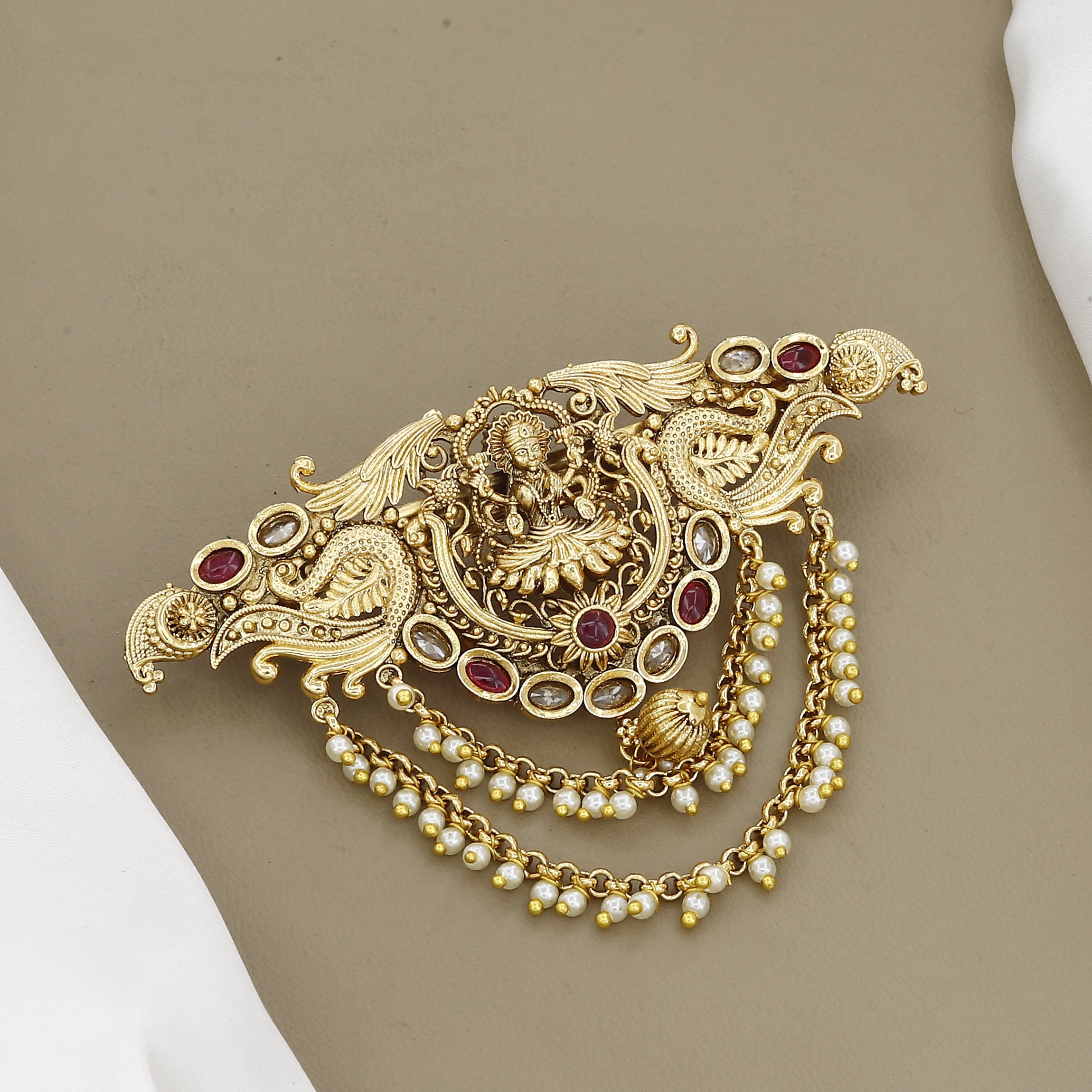 Antique Gold Temple Jewelry Lakshmi Hair Brooch with Pearls