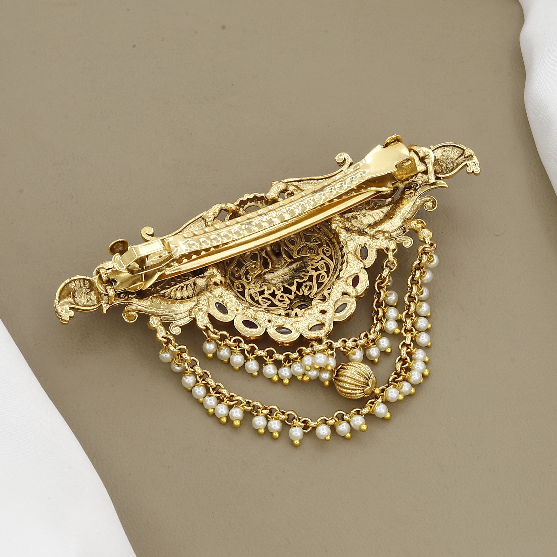 Antique Gold Temple Jewelry Lakshmi Hair Brooch with Pearls