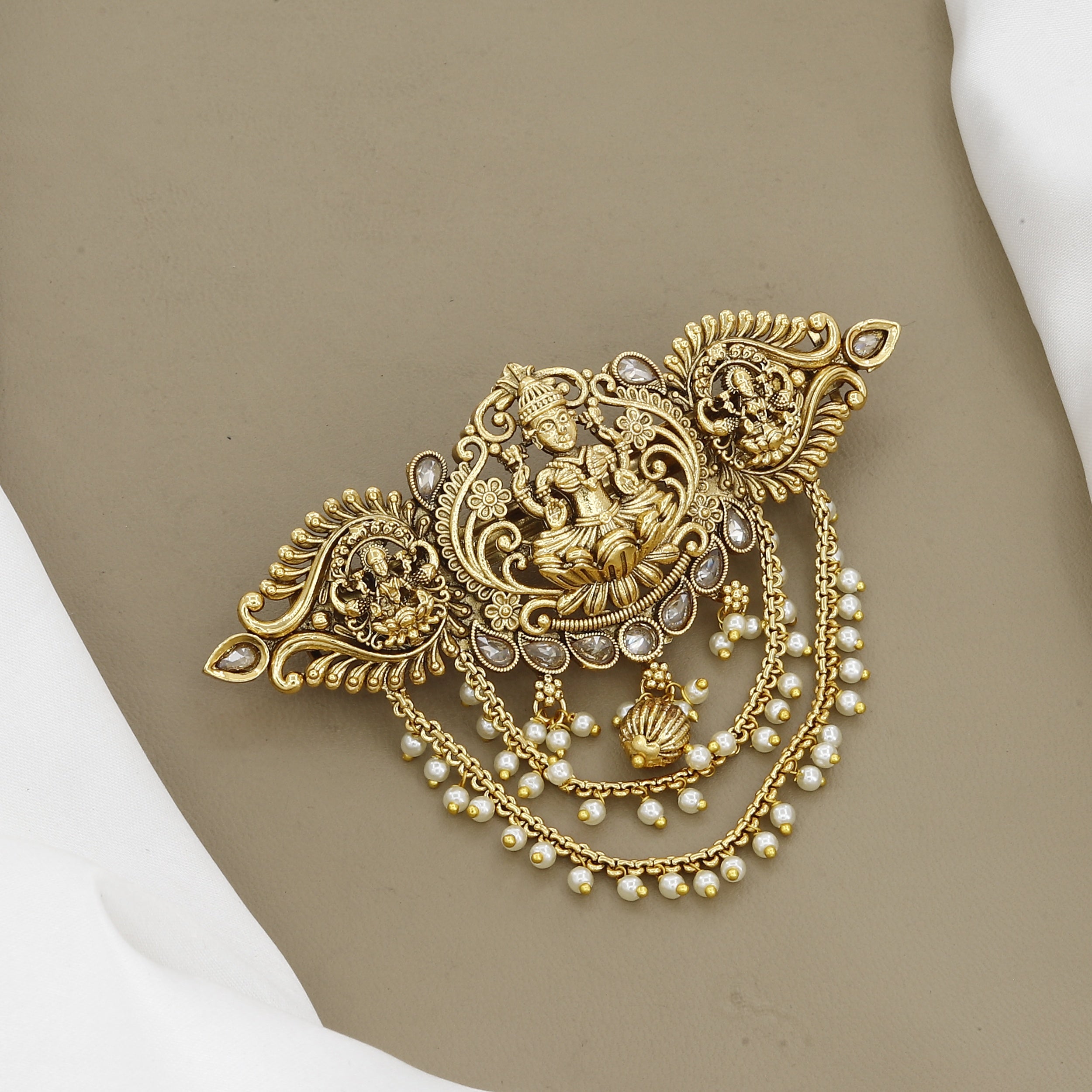 Antique Gold Lakshmi Temple Hair Brooch with White Stones & Pearls