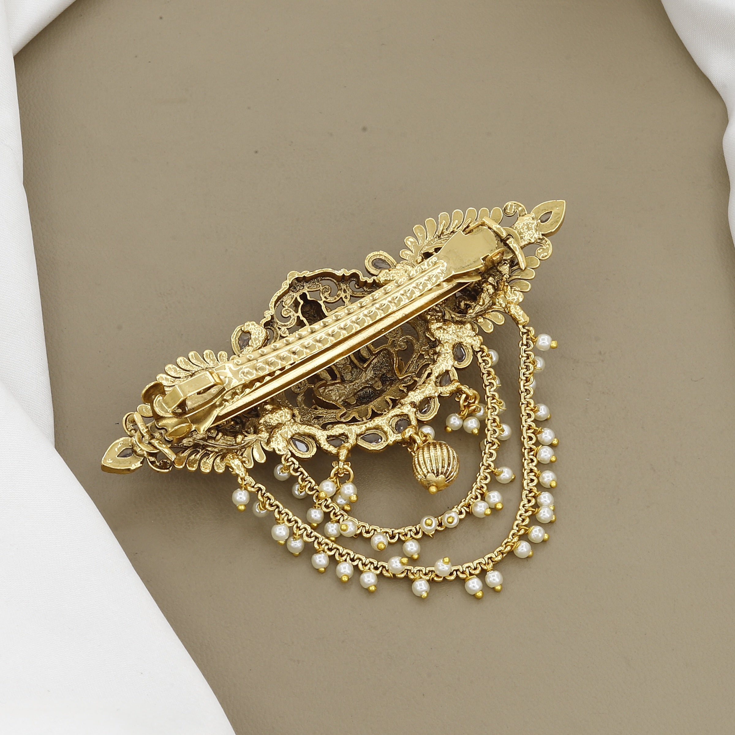 Antique Gold Lakshmi Temple Hair Brooch with White Stones & Pearls