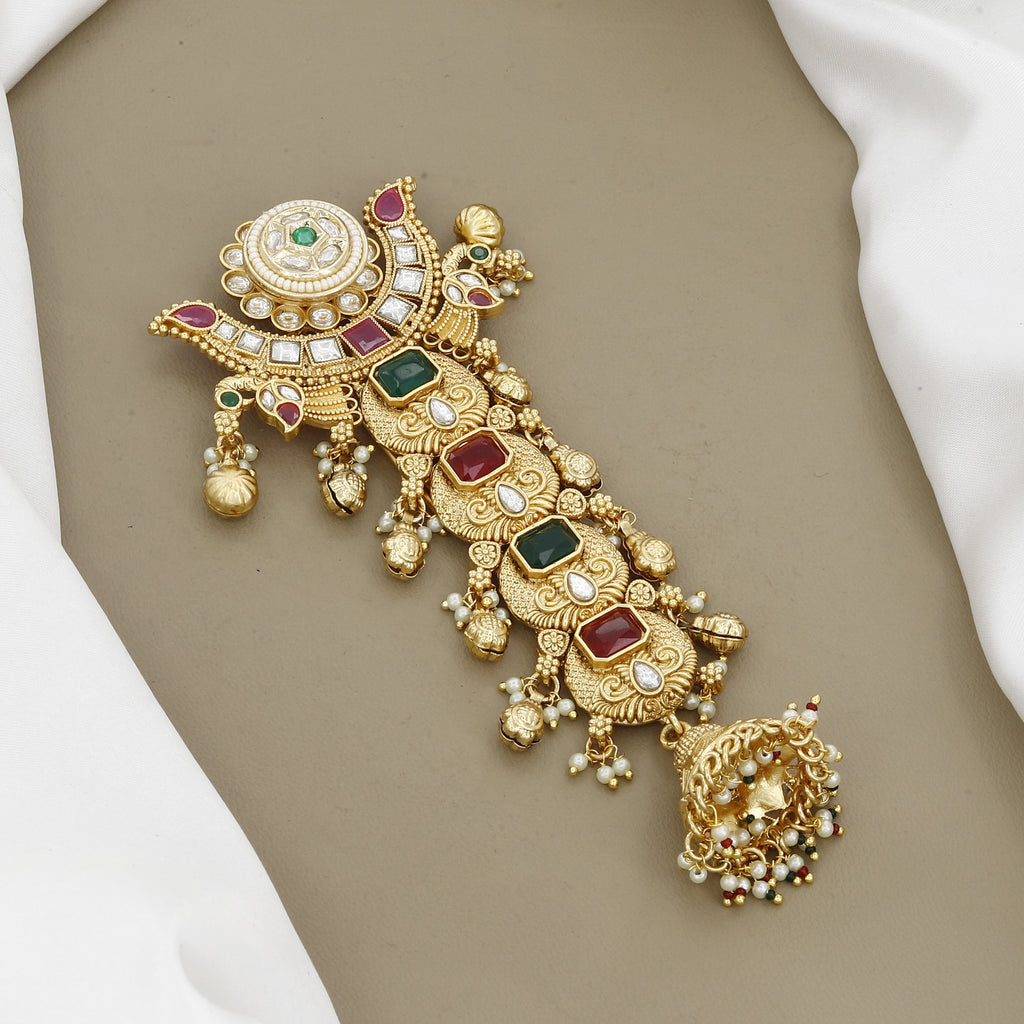 Antique Gold-Plated Multicolored Stone Hair Pin with Jhumka Drop