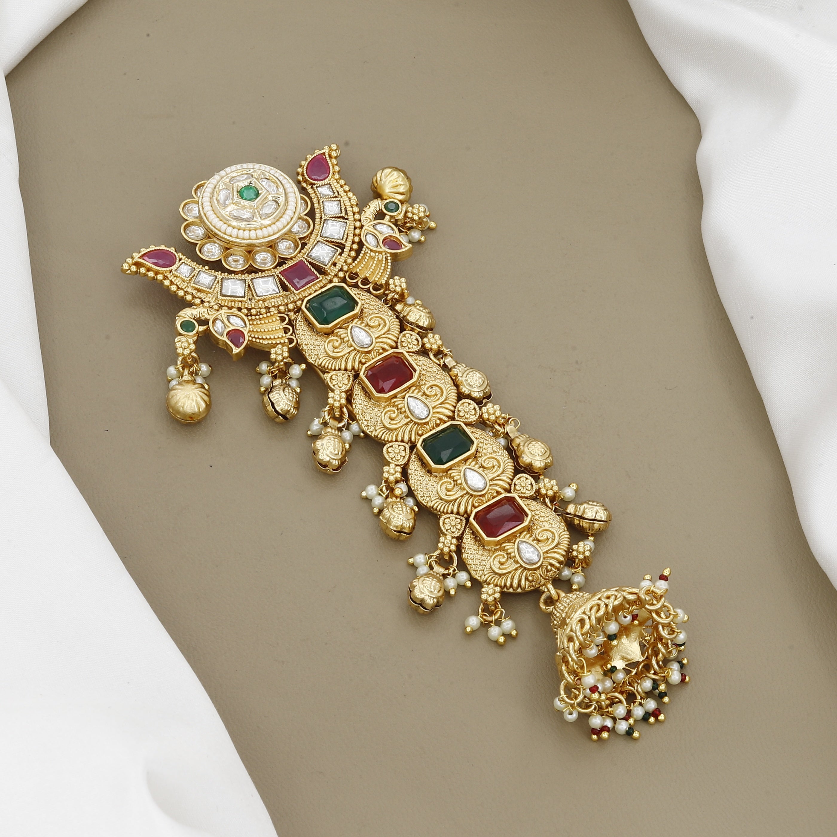 Antique Gold-Plated Multicolored Stone Hair Pin with Jhumka Drop