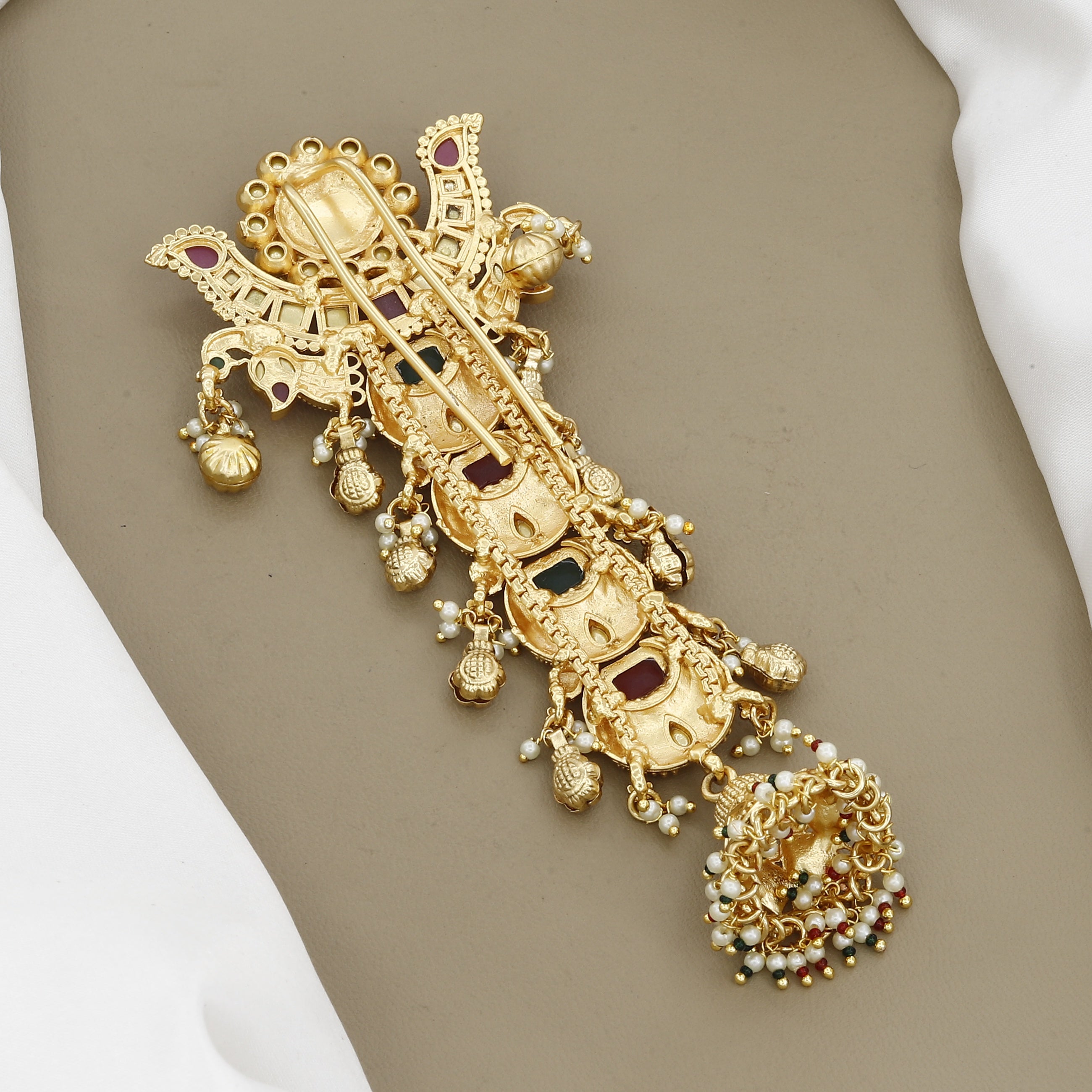 Antique Gold-Plated Multicolored Stone Hair Pin with Jhumka Drop