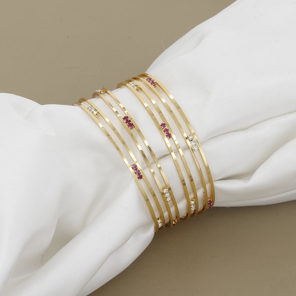 Set of 4 Thin Gold Toned Bangles with Ruby & CZ Stones