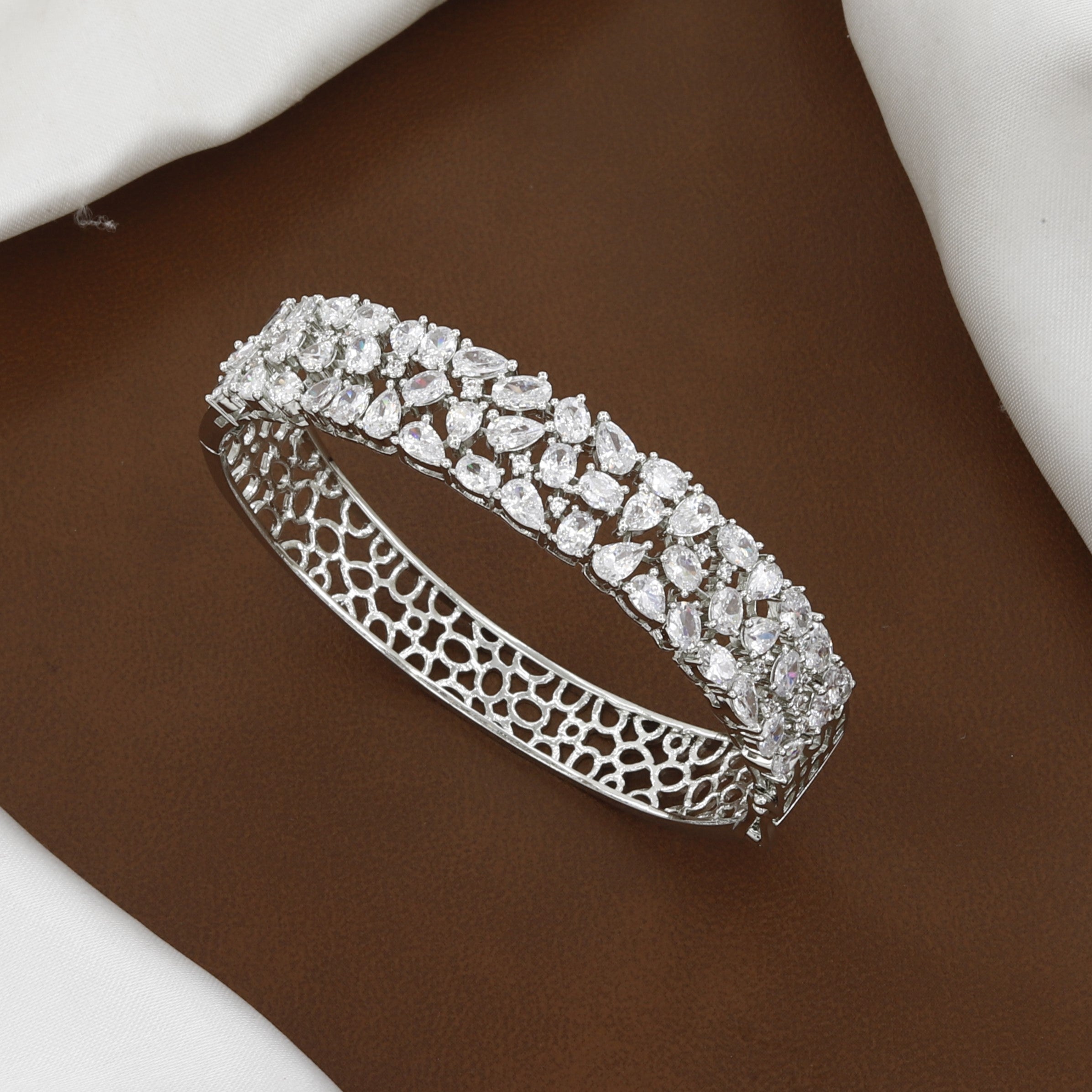 Silver Tone Glamorous Baguette & Round CZ Gold Cuff Bracelet