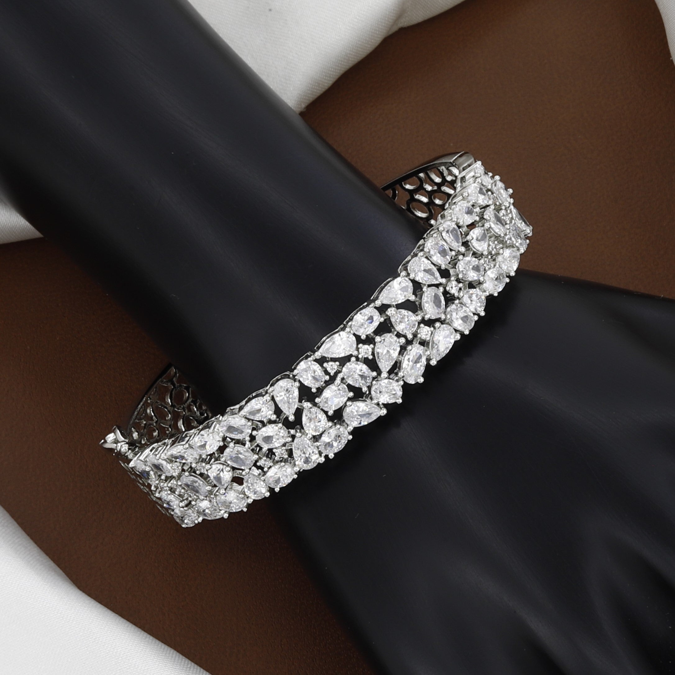 Silver Tone Glamorous Baguette & Round CZ Gold Cuff Bracelet