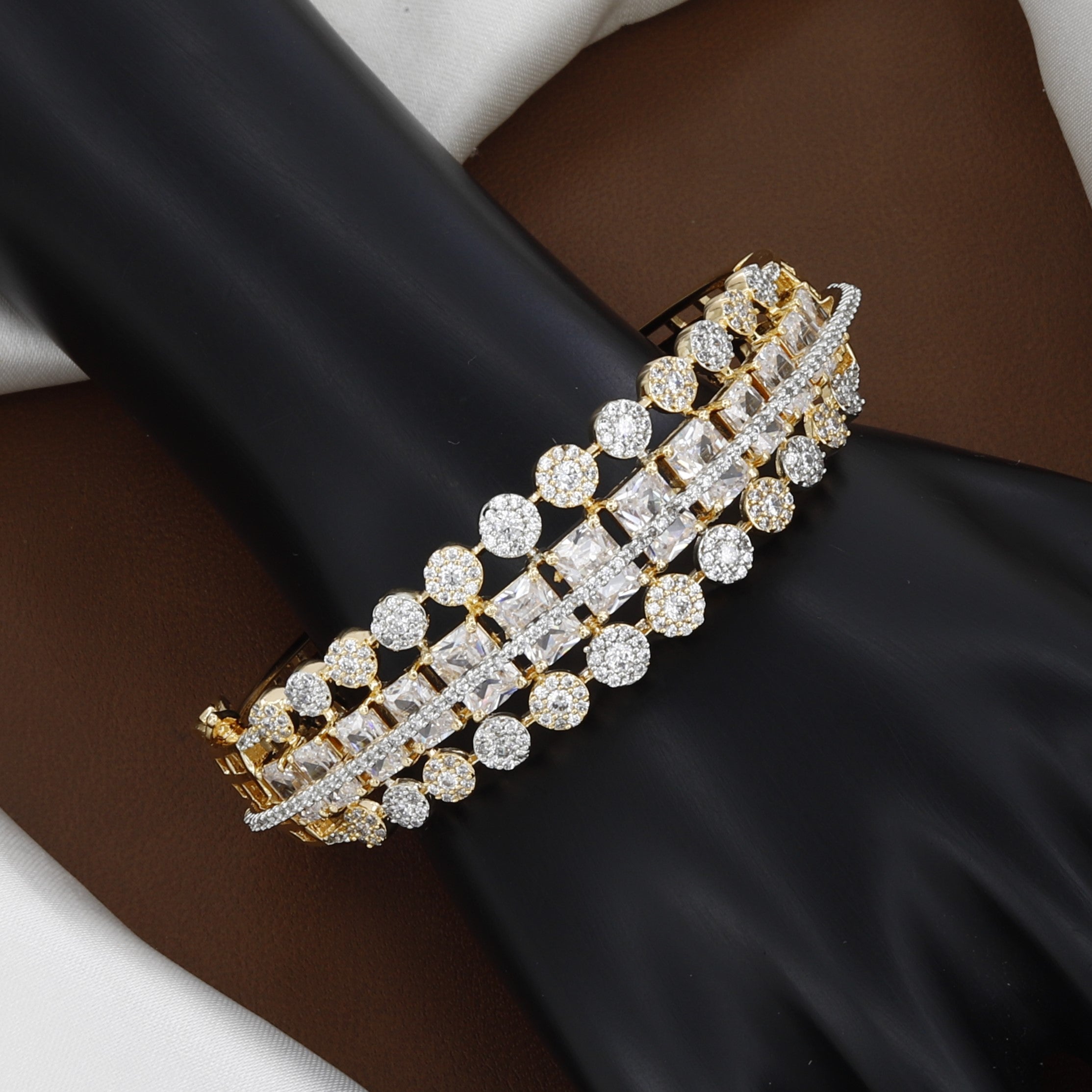 Glamorous Baguette & Round CZ Gold Cuff Bracelet