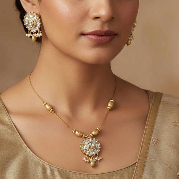 Floral Kemp Stone Necklace Set with Accents and Matching Studs